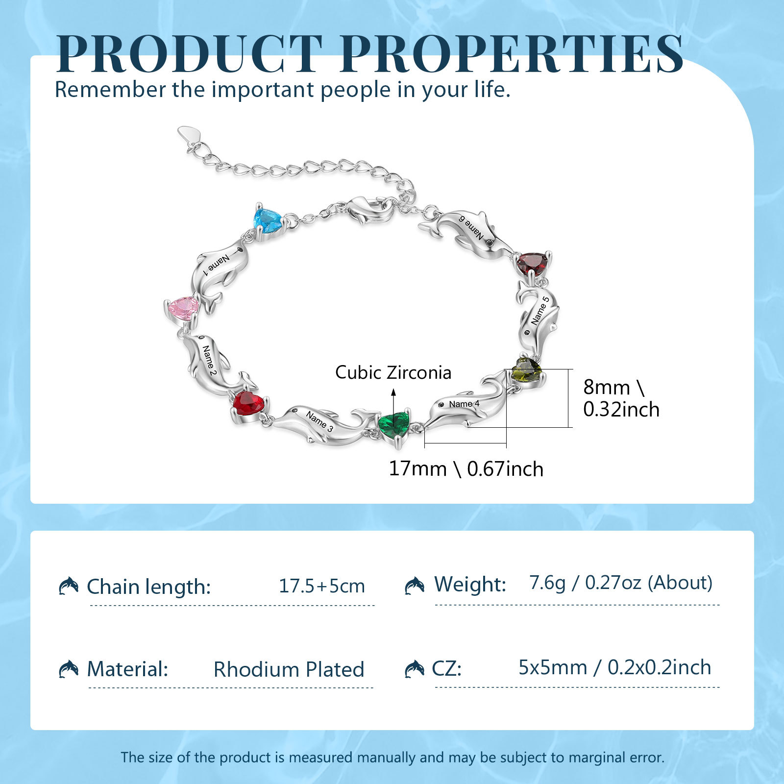 Bracelet dauphin 6 Prénoms Personnalisé avec 6 Pierres de Naissance