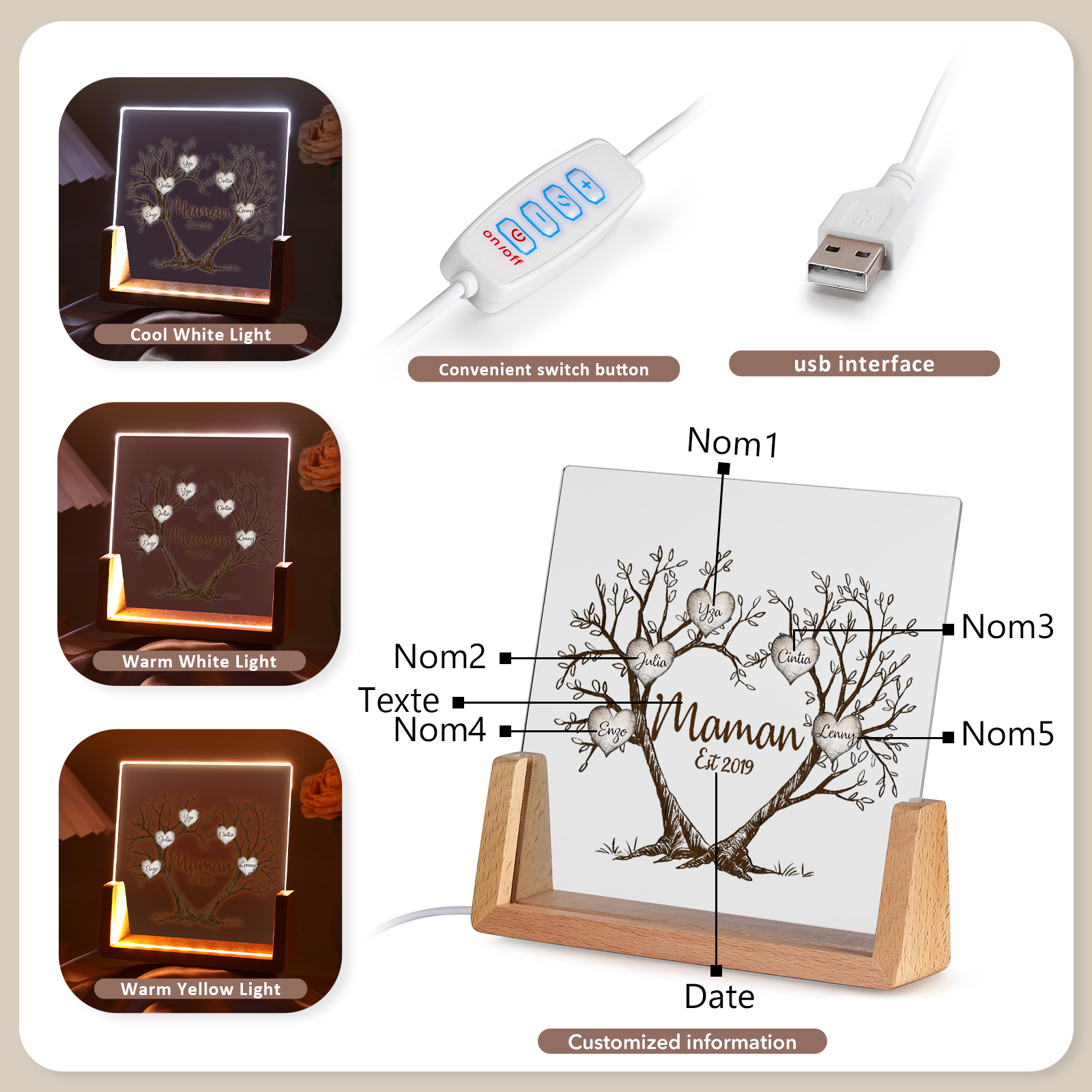 À Maman/Mamie - Lampe de chevet LED Arbre de Vie 5 Prénoms Personnalisés avec Texte et Date pour Famille