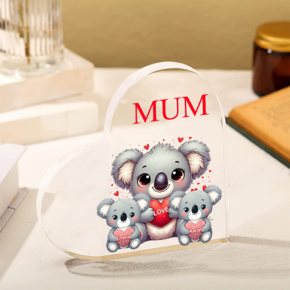 À ma Maman/Mamie - Plaque Acrylique en Forme de Cœur Koala 2 Prénoms Personnalisés avec 1 Texte