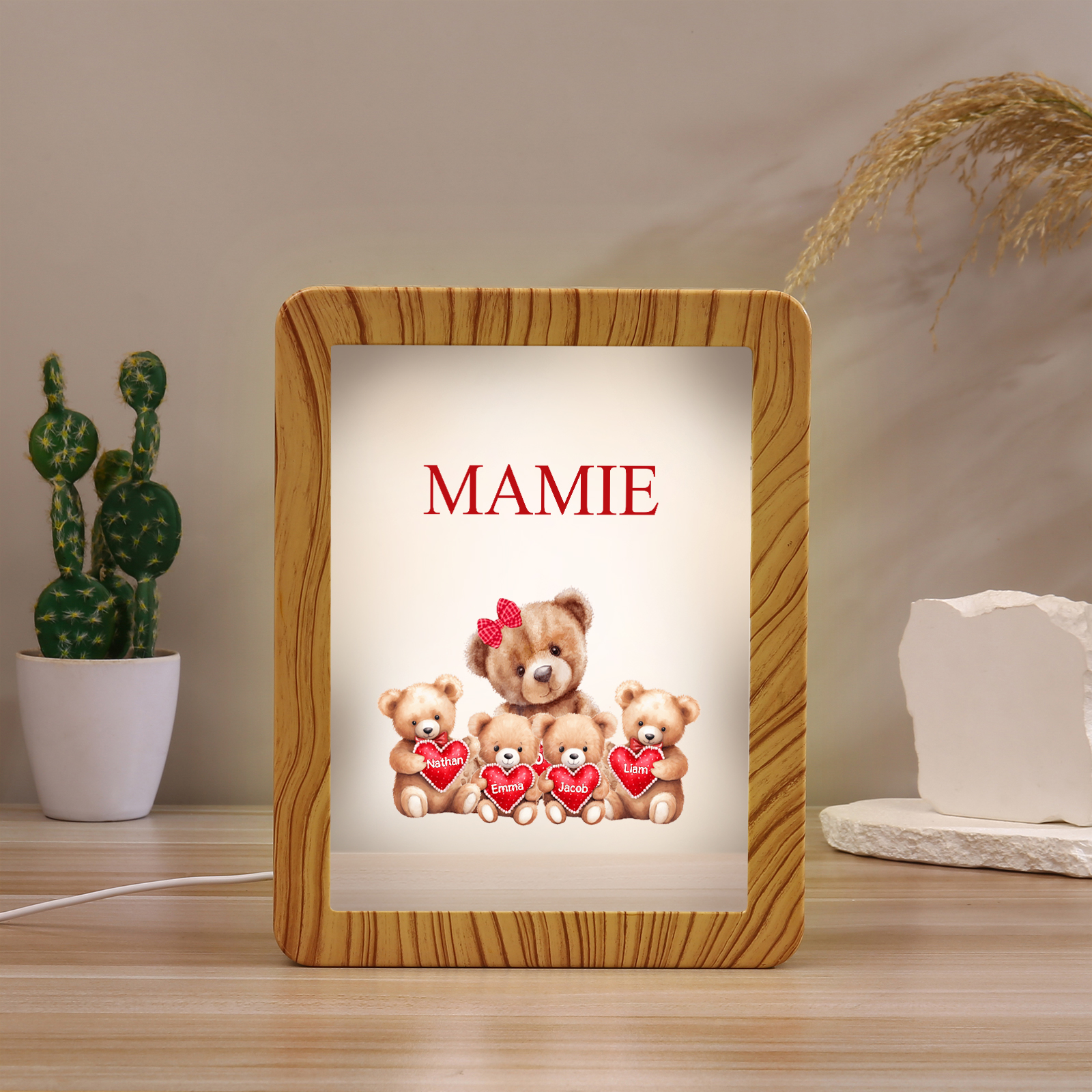 Cadre Photo/Miroir LED Multifonctionnel Ours 4 Prénoms Personnalisés avec Texte pour Famille