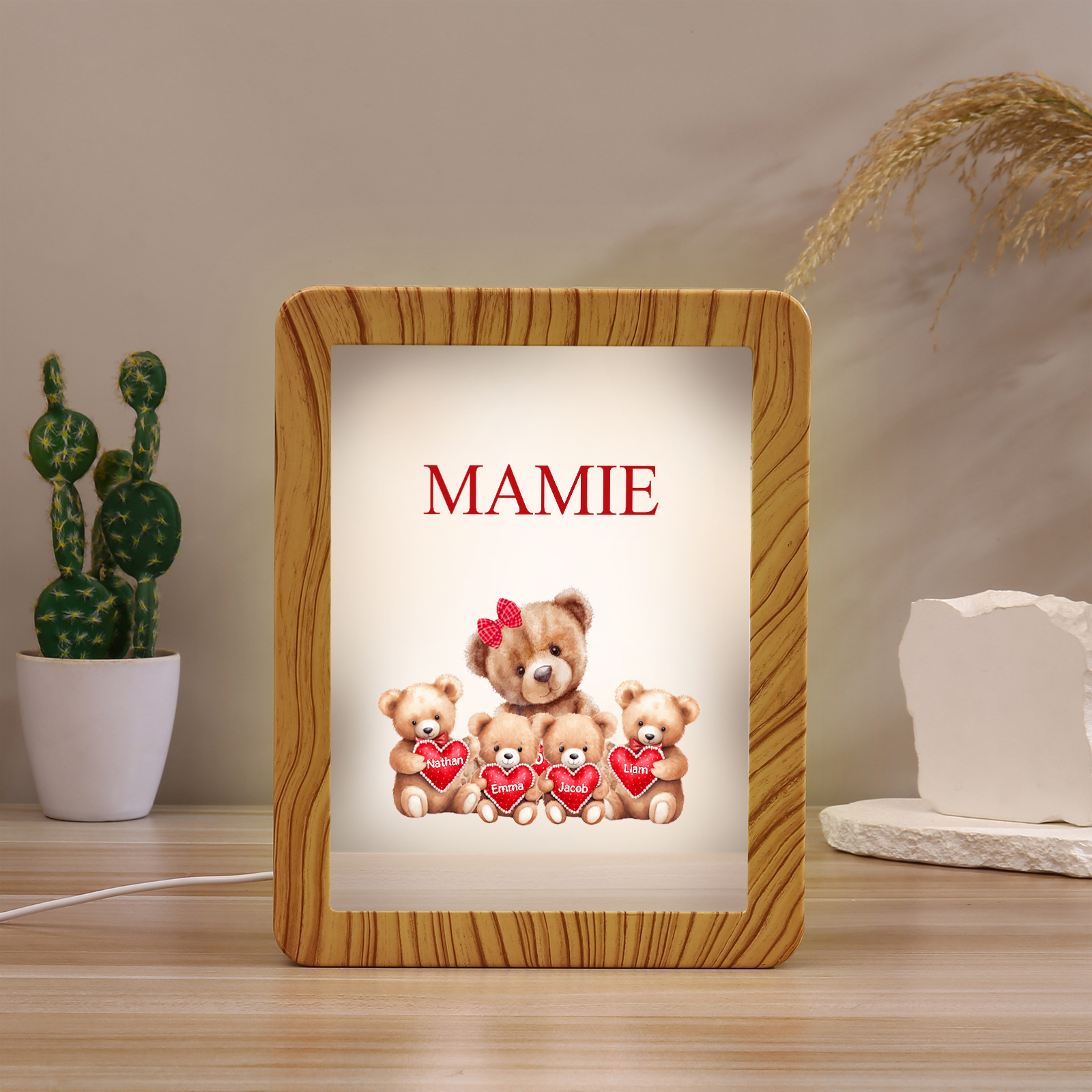 Cadre Photo/Miroir LED Multifonctionnel Ours 4 Prénoms Personnalisés avec Texte pour Famille