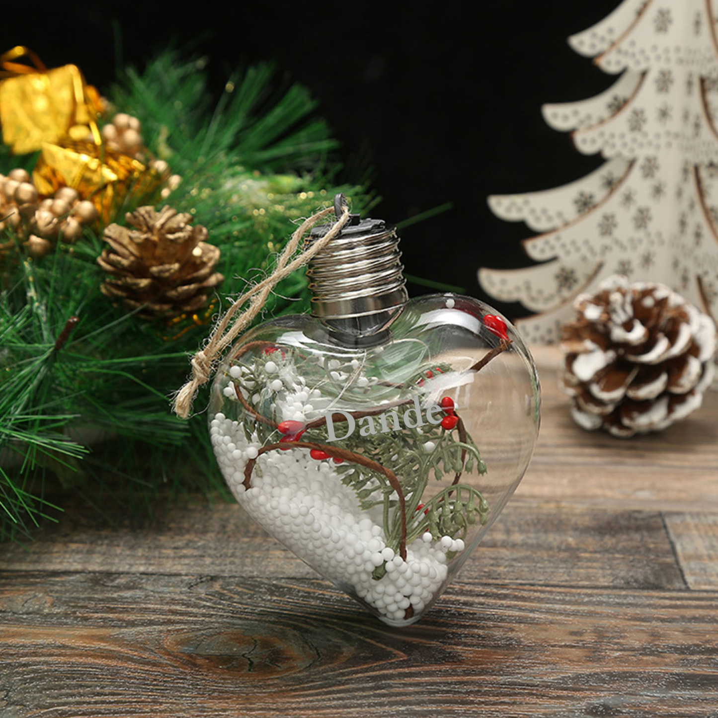 Ornements de Boule transparente Cœur de Noël avec lumières LED texte Personnalisé boule de noël | Jessemade