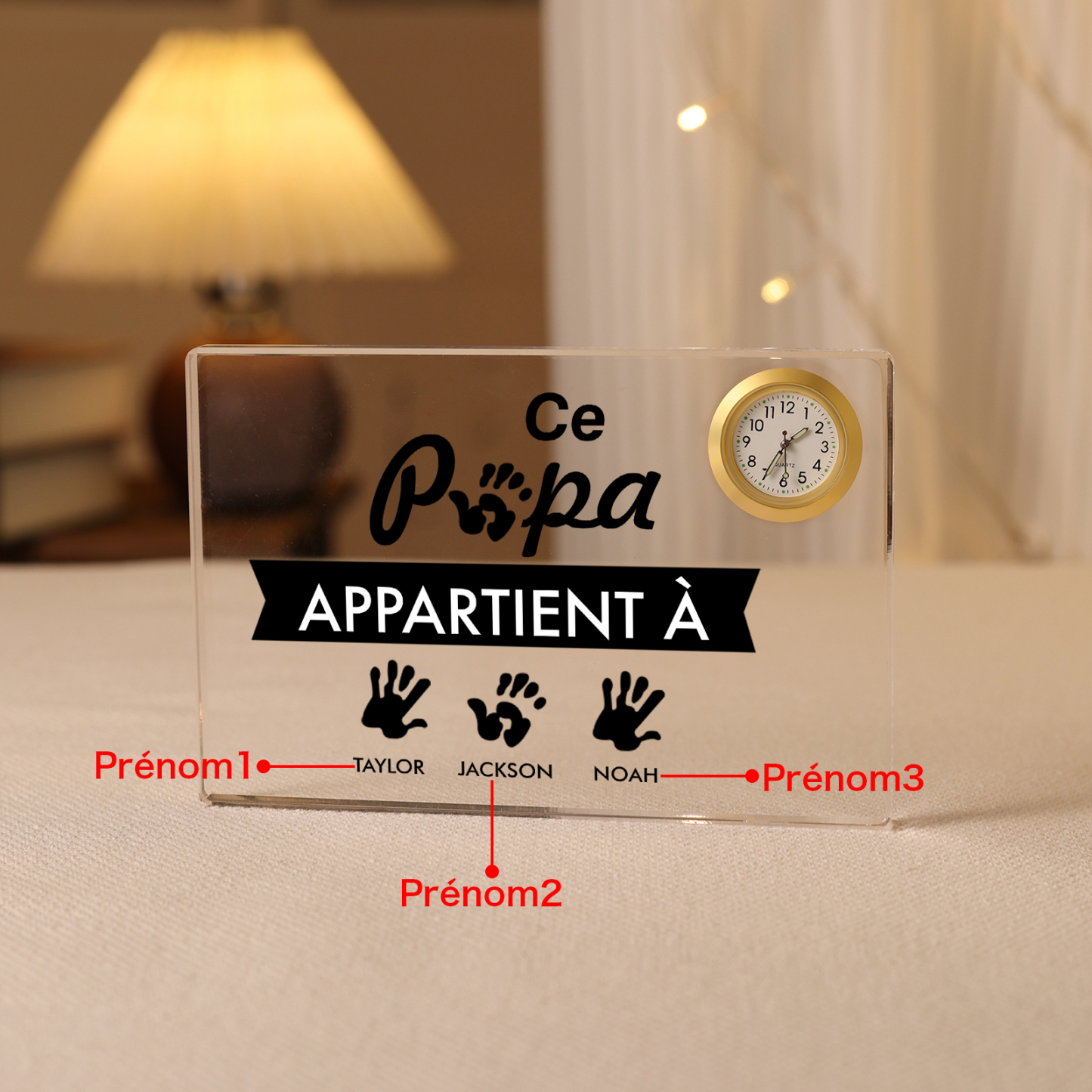 À mon papa - Plaque Acrylique rectangle avec Horloge Empreinte De Main 3 Prénoms Personnalisés
