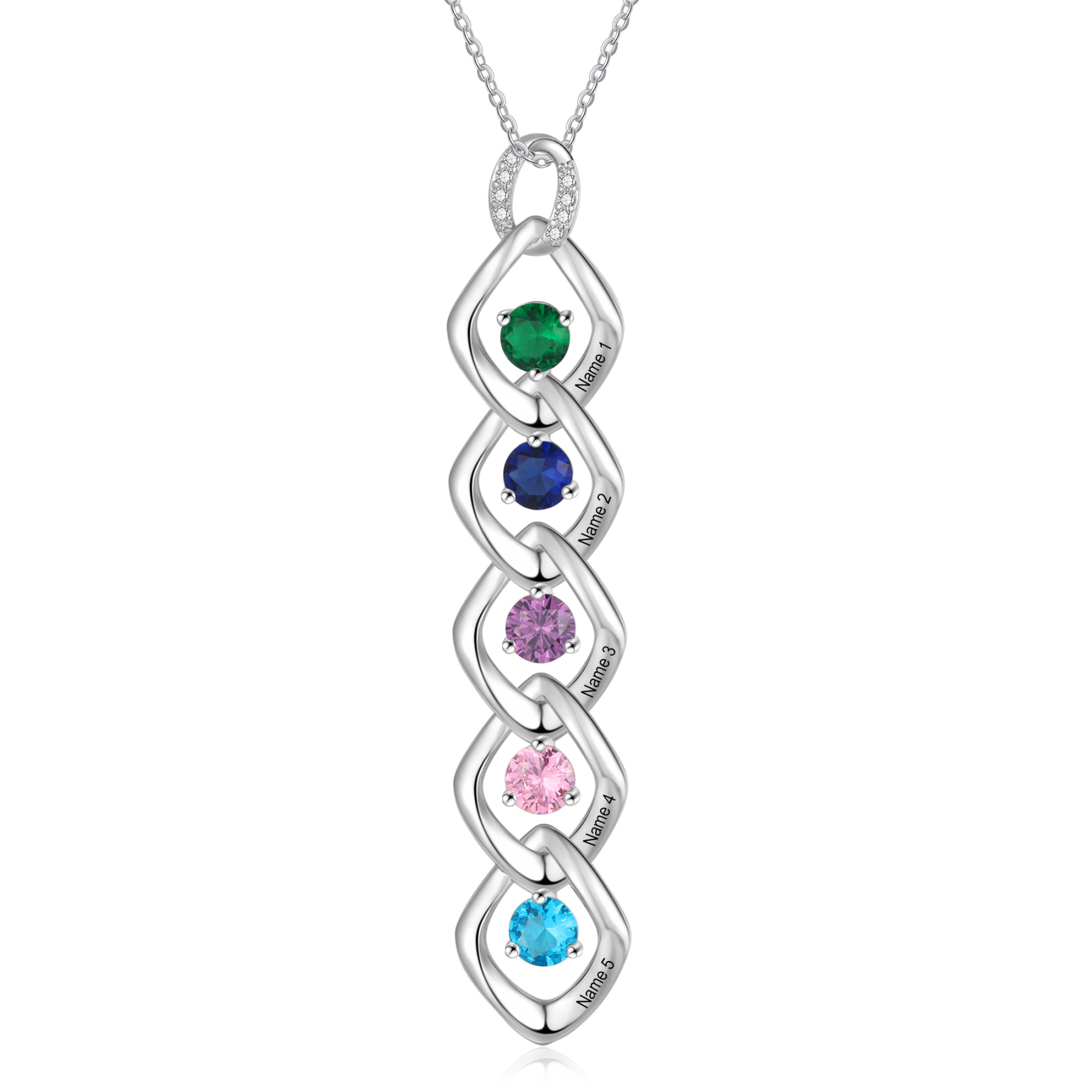 Collier Pendentif 5 Prénoms Personnalisés avec Pierre de naissance pour Femmes