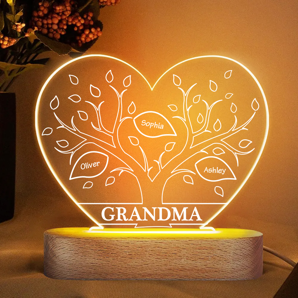 À Maman/Mamie - Lampe de chevet LED Arbre 3 Prénoms Personnalisés avec 1 Texte