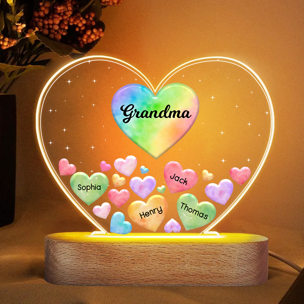 À Maman/Mamie - Lampe de chevet LED Cœurs 4 Prénoms Personnalisés avec 1 Texte