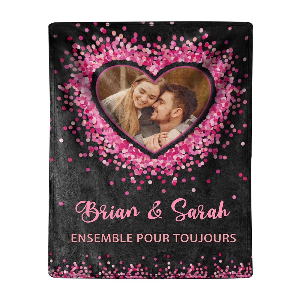 Couverture Plaids Polaire Cœur 2 Prénoms Personnalisés avec Photo pour Couple | Jessemade