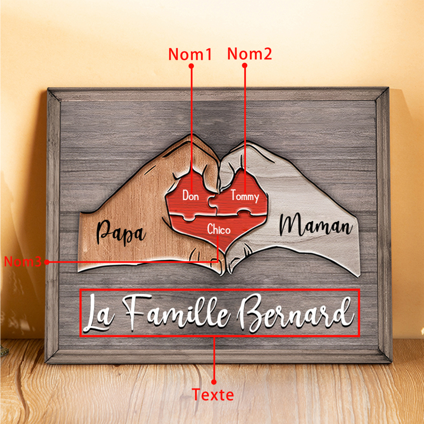 À ma Famille-Cadre en Bois Puzzle 3 Prénoms Personnalisés avec Texte