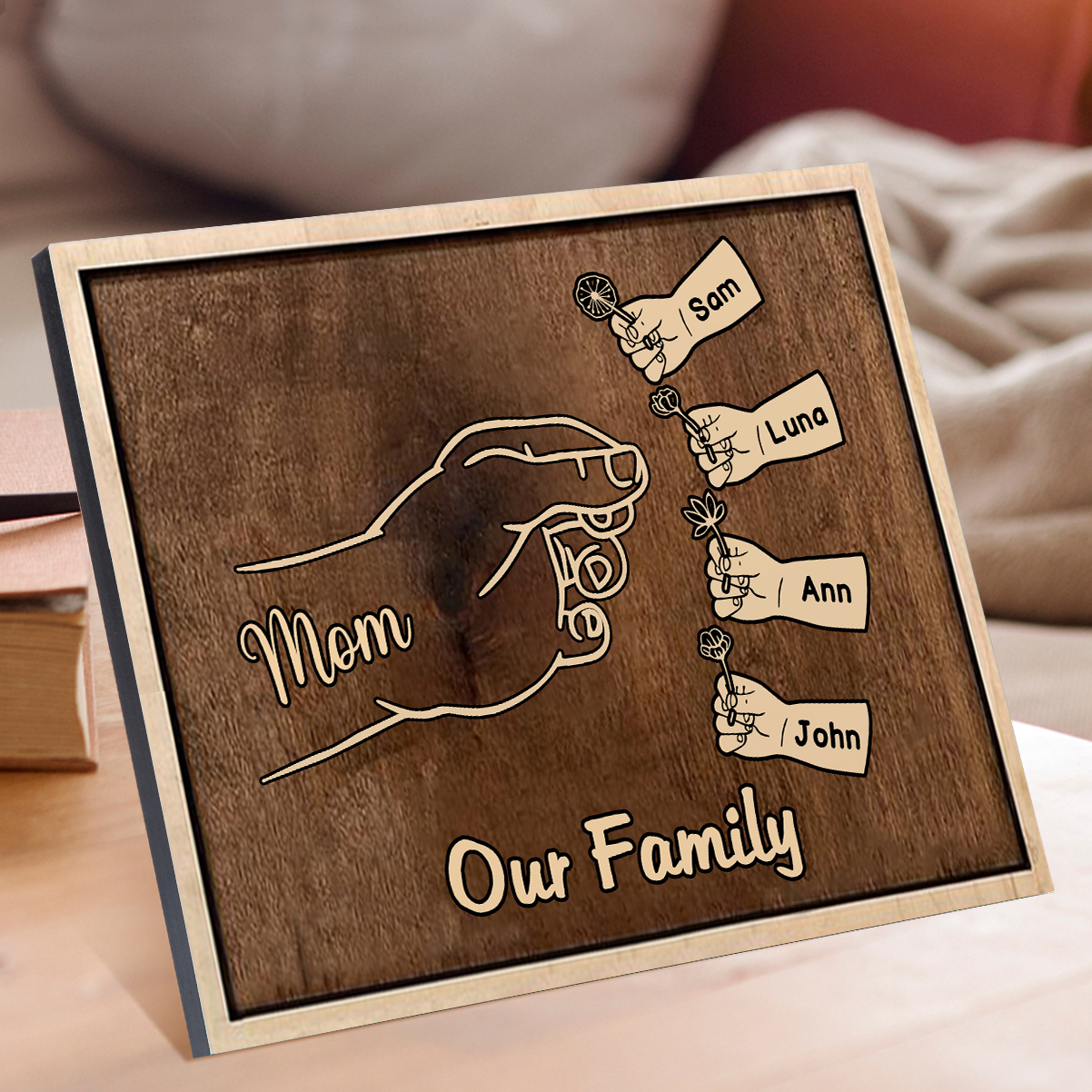 À Maman/Mamie - Cadre en Bois Main et Enfants 5 Prénoms Personnalisés avec Texte Cadeau pour Famille