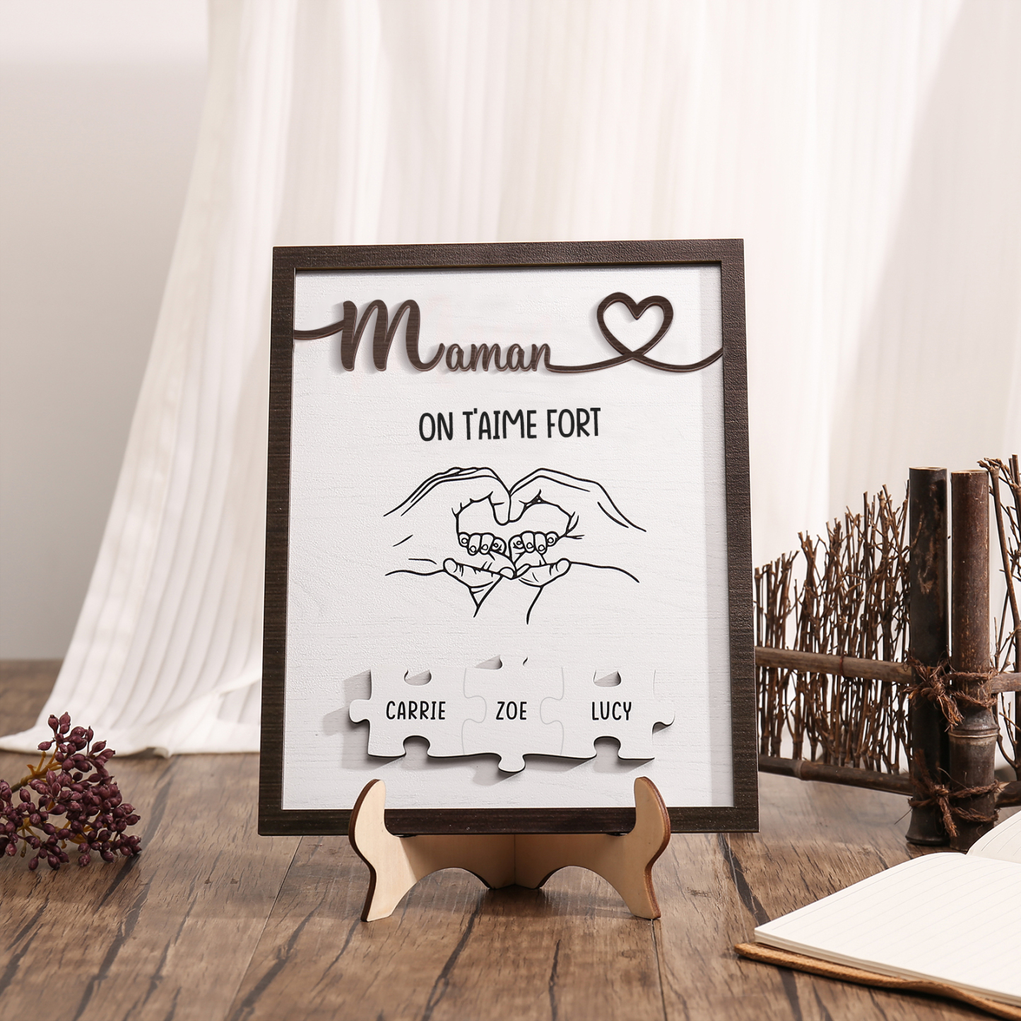 À Maman - Décoration en bois Mains et Puzzles 3 Prénoms et 1 Texte Personnalisés Ornement Famille
