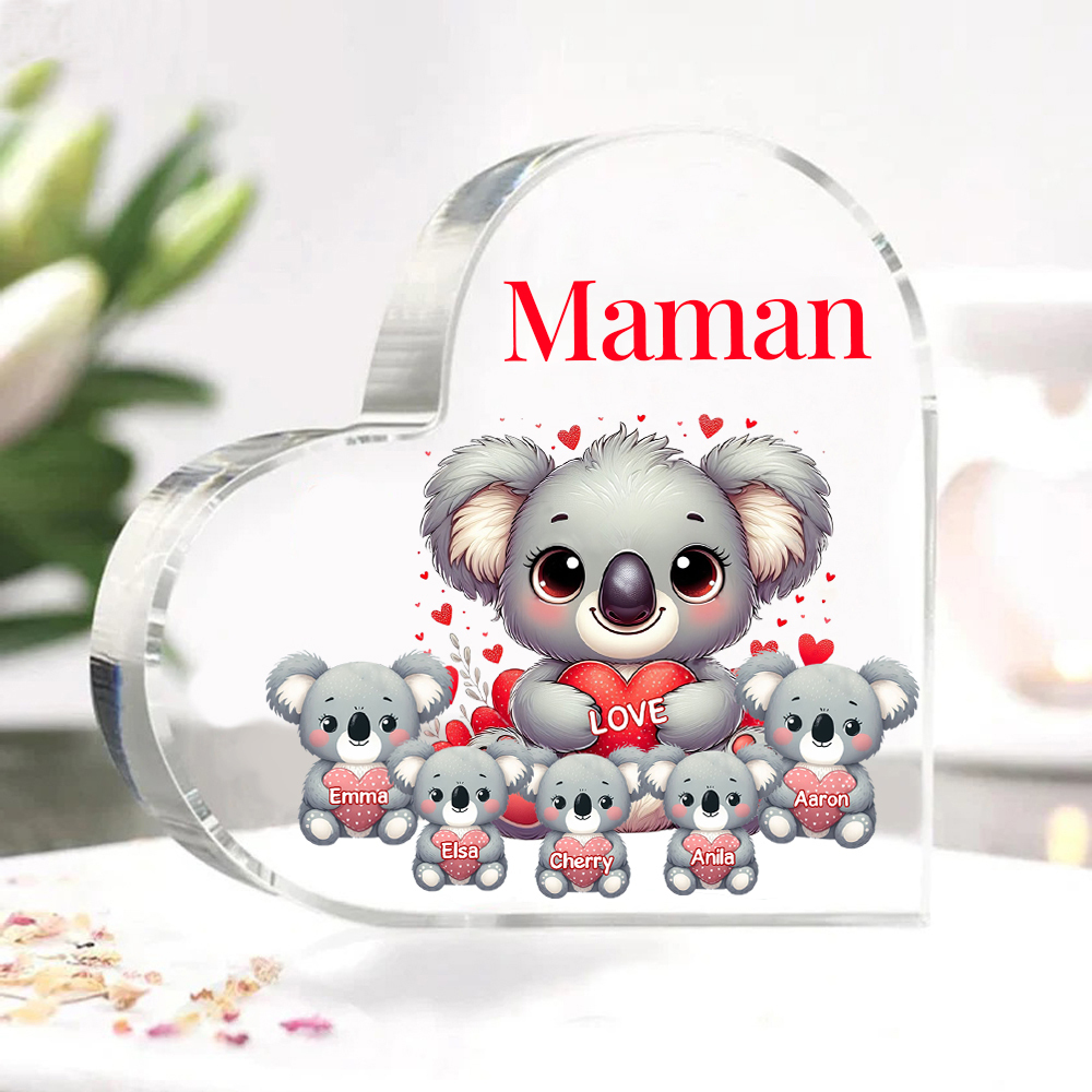 À ma Maman/Mamie - Plaque Acrylique en Forme de Cœur Koala 5 Prénoms Personnalisés avec 1 Texte