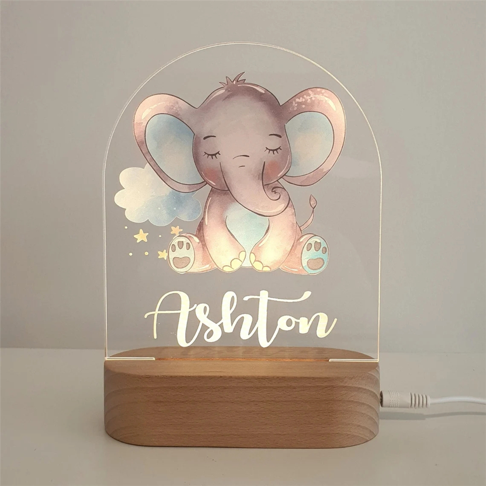 Jessemade FR Lampe de chevet Éléphant LED Lumières monochrome Prénom personnalisée