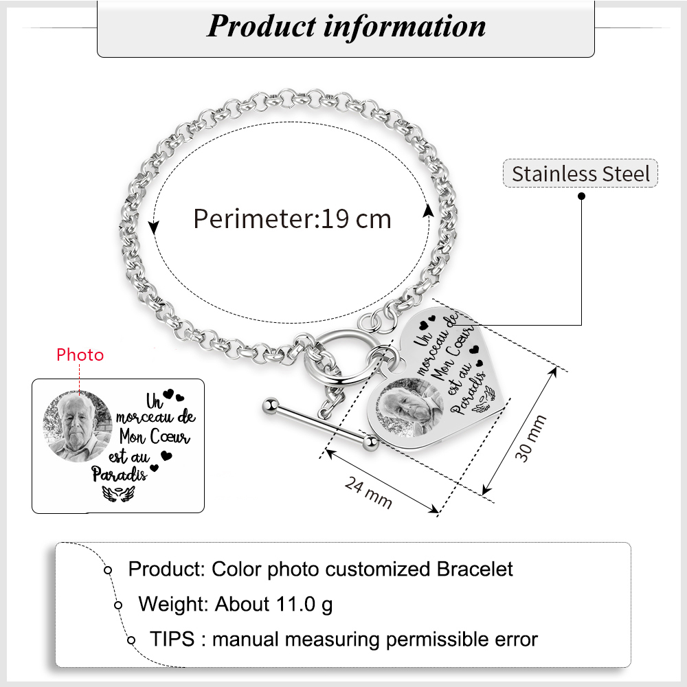 Bracelet Personnalisé en acier inoxydable avec Photo Gravée Bracelet Personnalisé Coeur commémoratif｜Jessemade