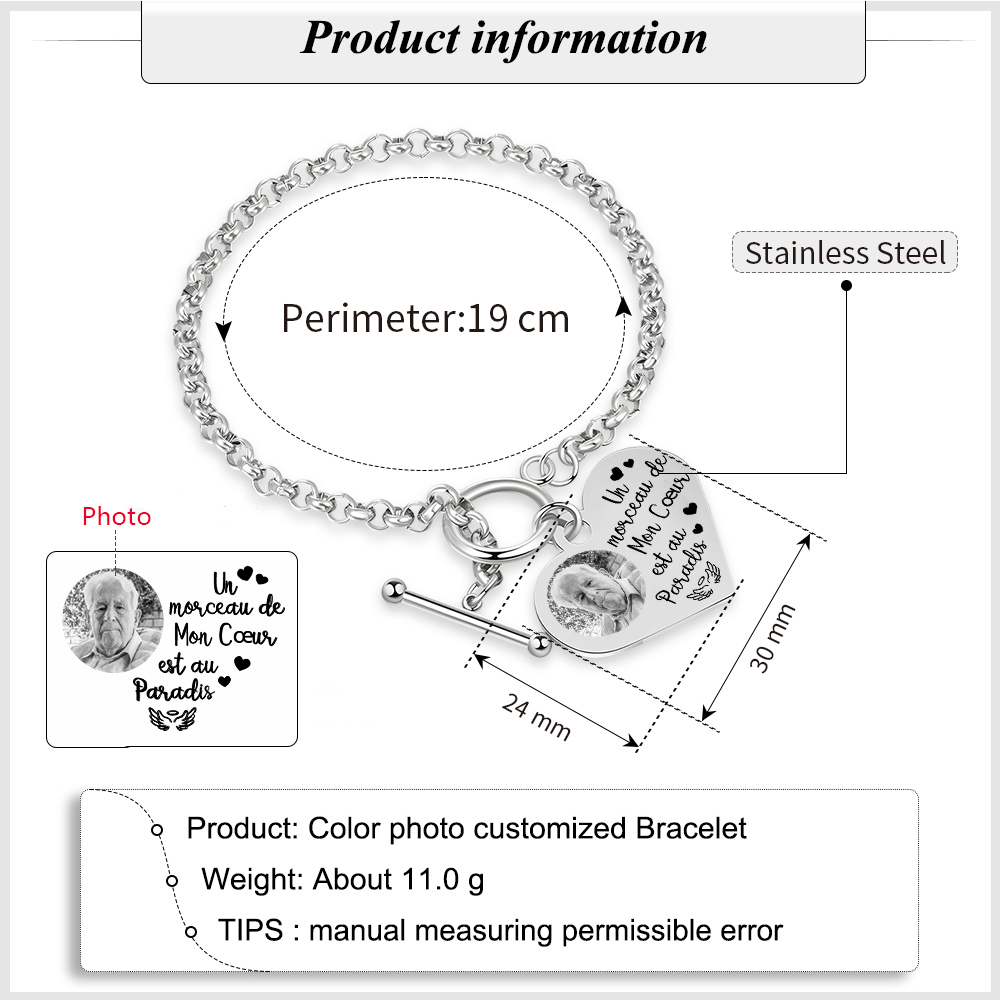 Bracelet Personnalisé en acier inoxydable avec Photo Gravée Bracelet Personnalisé Coeur commémoratif|Jessemade