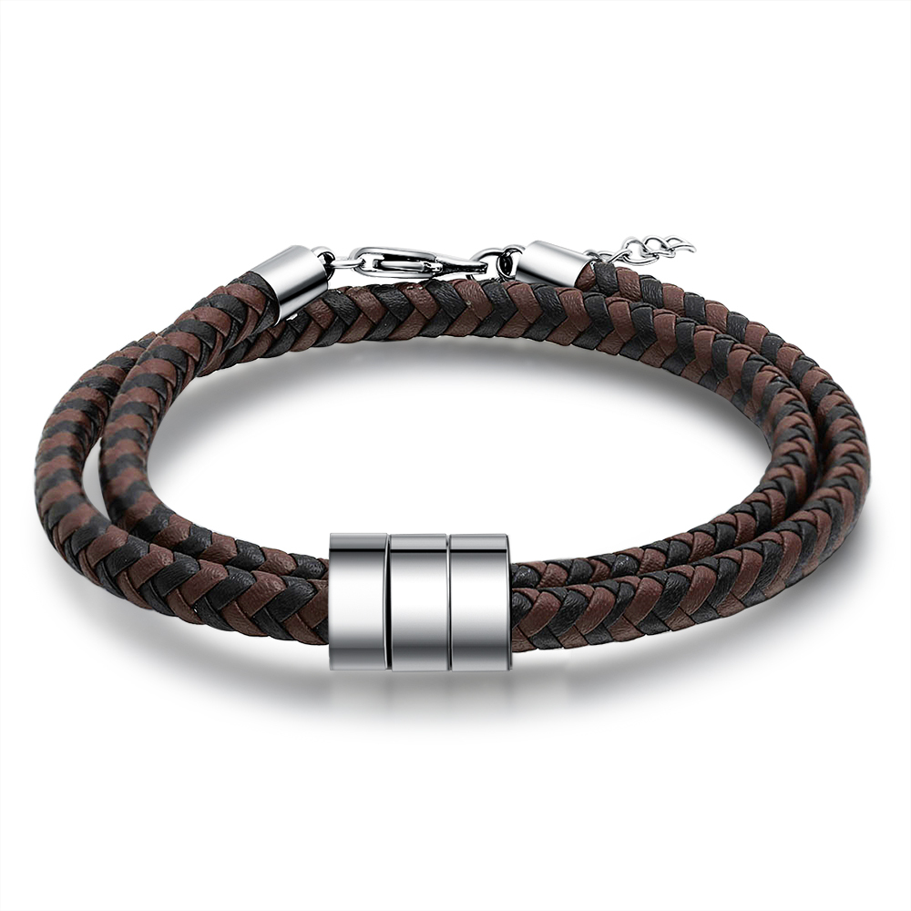 Bracelet Homme Personnalisé en Cuir Tressé et Acier Inoxydable | Gravure de 3 Noms