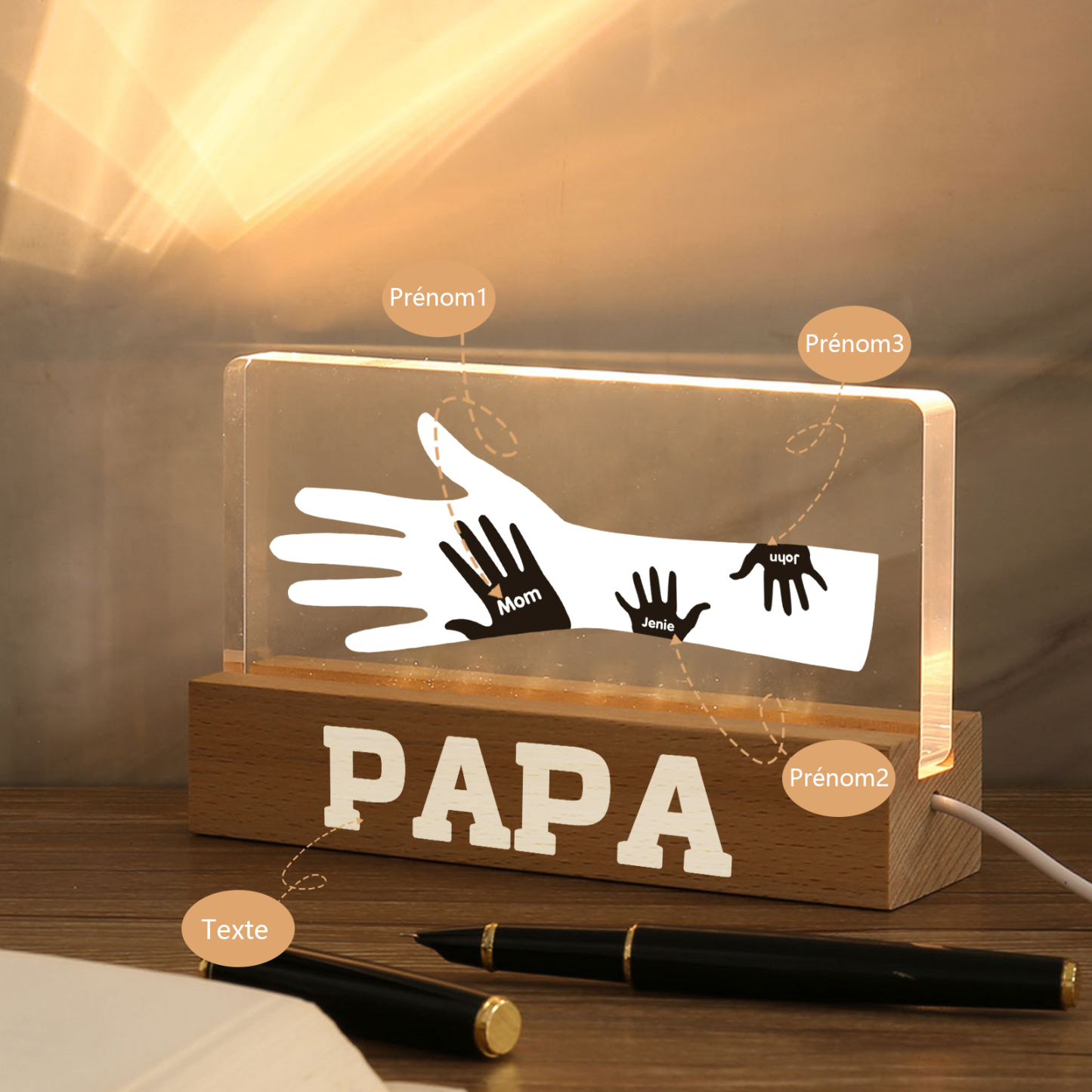 À Papa/Maman- Lampe de chevet LED Mains 3 Prénoms Personnalisés avec Texte pour Famille
