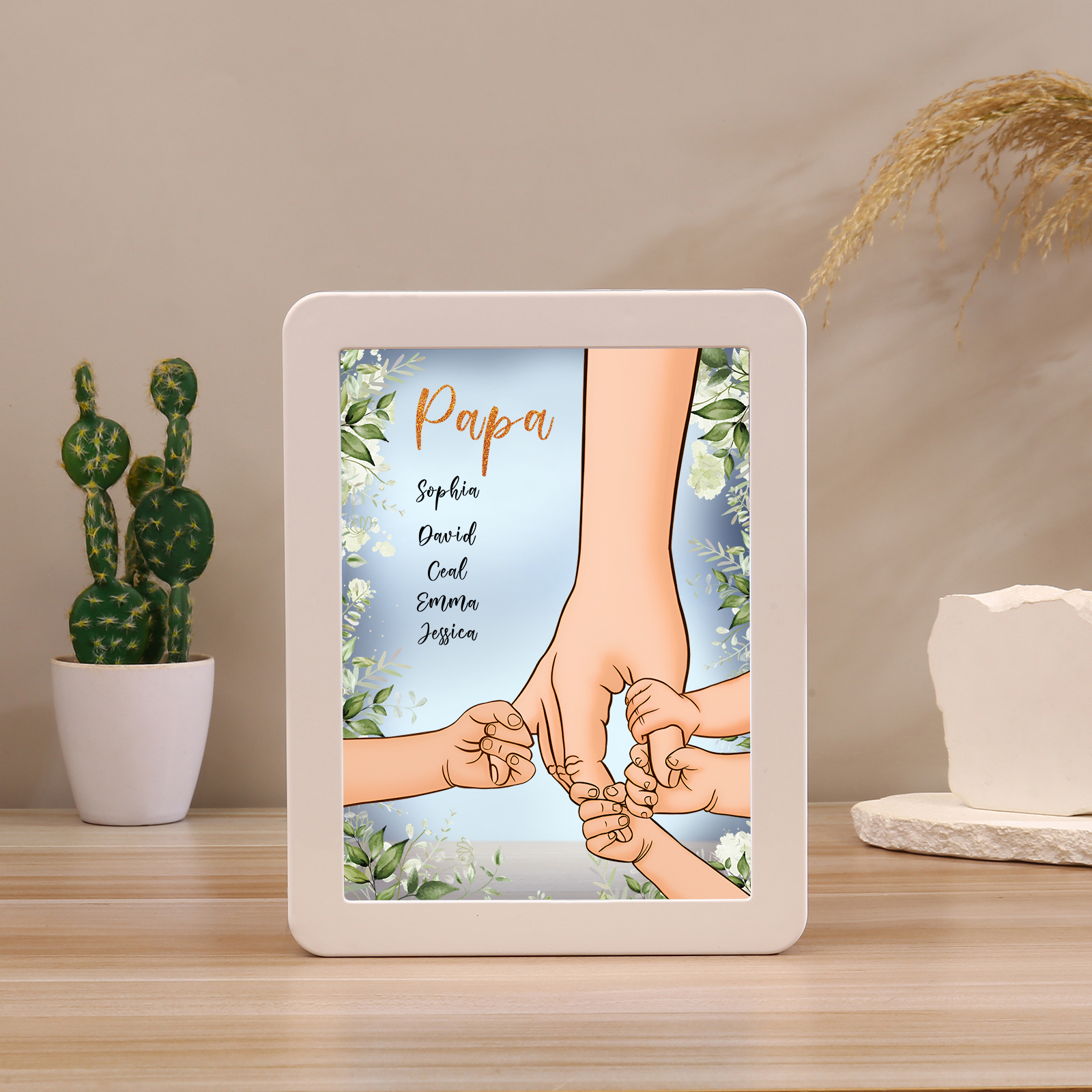 Lampe LED/Cadre Photo/Miroir multifonctionnel la main dans la main 5 Prénoms et 1 Tetxe Personnalisés Cadeau Créatif pour Famille