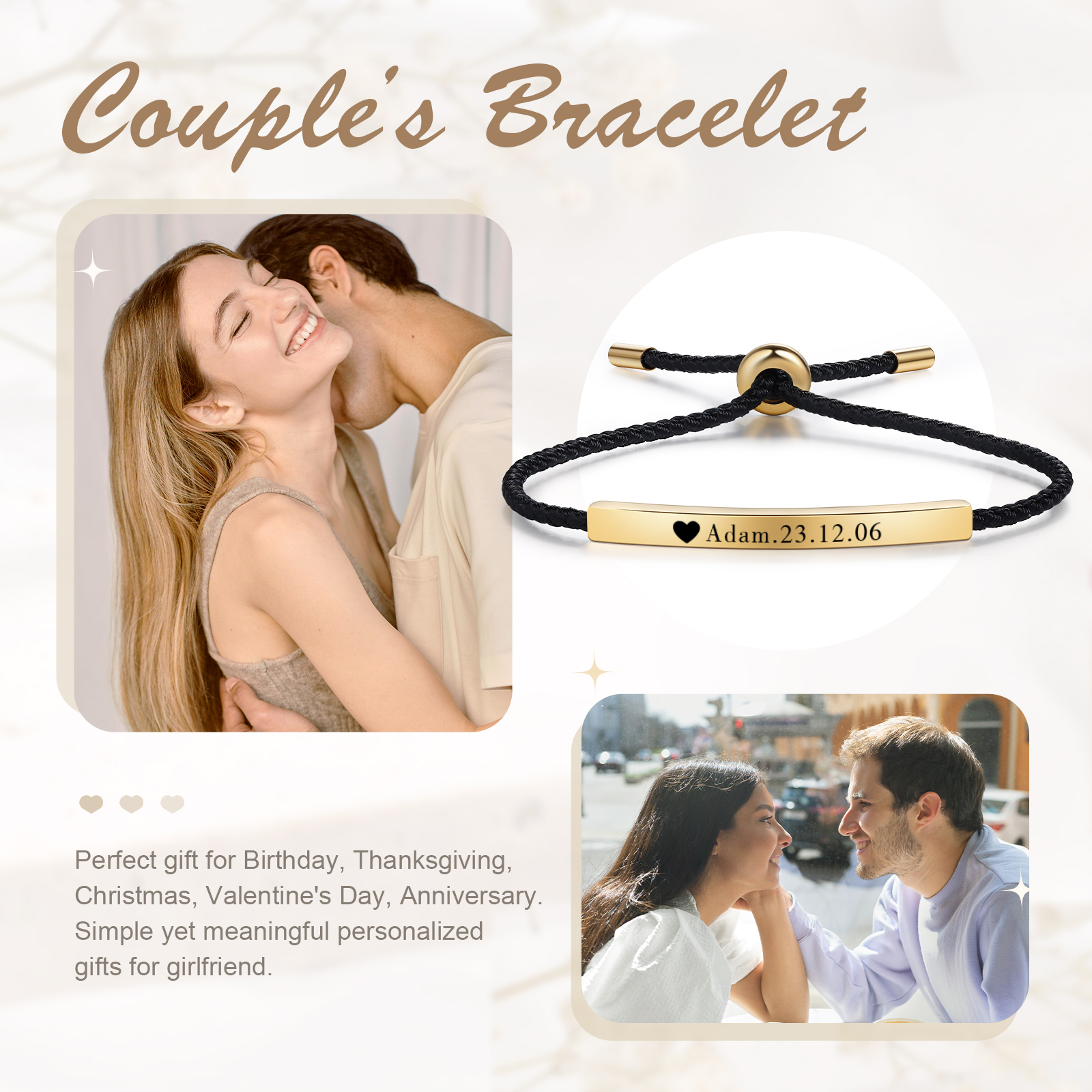 Bracelet 1 Prénom et Date Personnalisés pour Couple