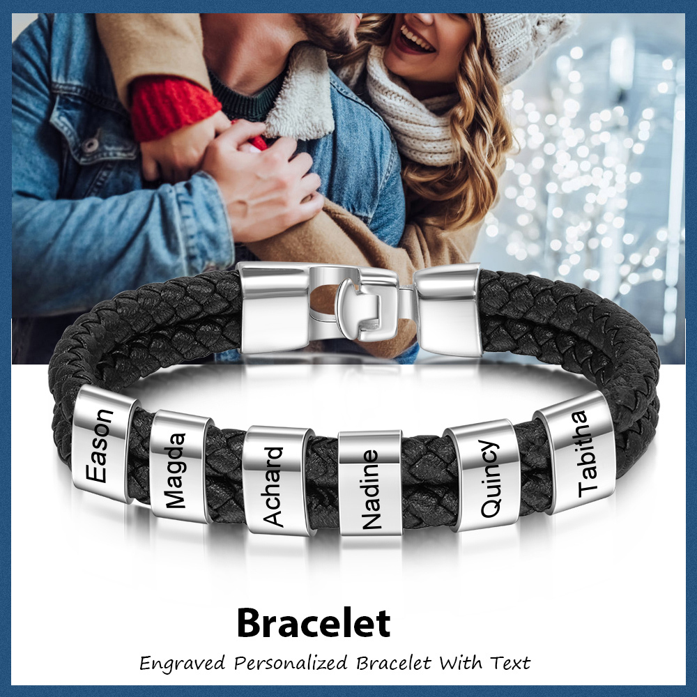 À mon Papa - Bracelet Cuir tressé 6 Perles et Prénoms Personnalisés Bracelet Hommes