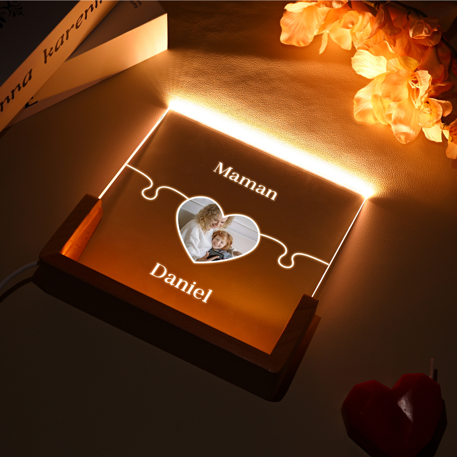 Lampe de chevet LED Puzzles 2 Prénoms Personnalisés avec Photo pour Famille