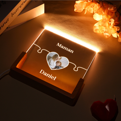 Lampe de chevet LED Puzzles 2 Prénoms Personnalisés avec Photo pour Famille