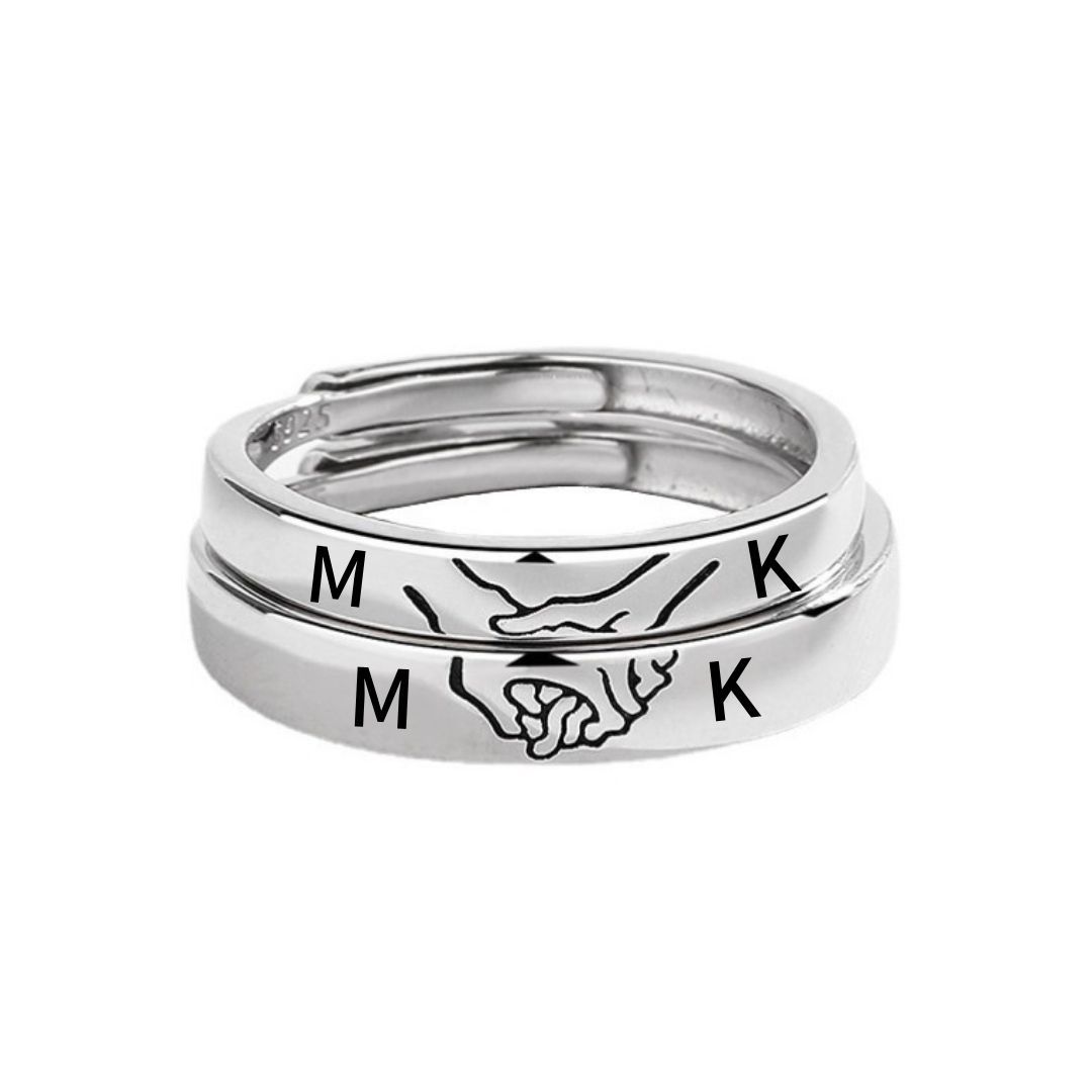 Jessemade FR Bague en Argent 925 La Main Dans La Main Réglable Couple 2PCS 2 Lettres Personnalisée Alliance