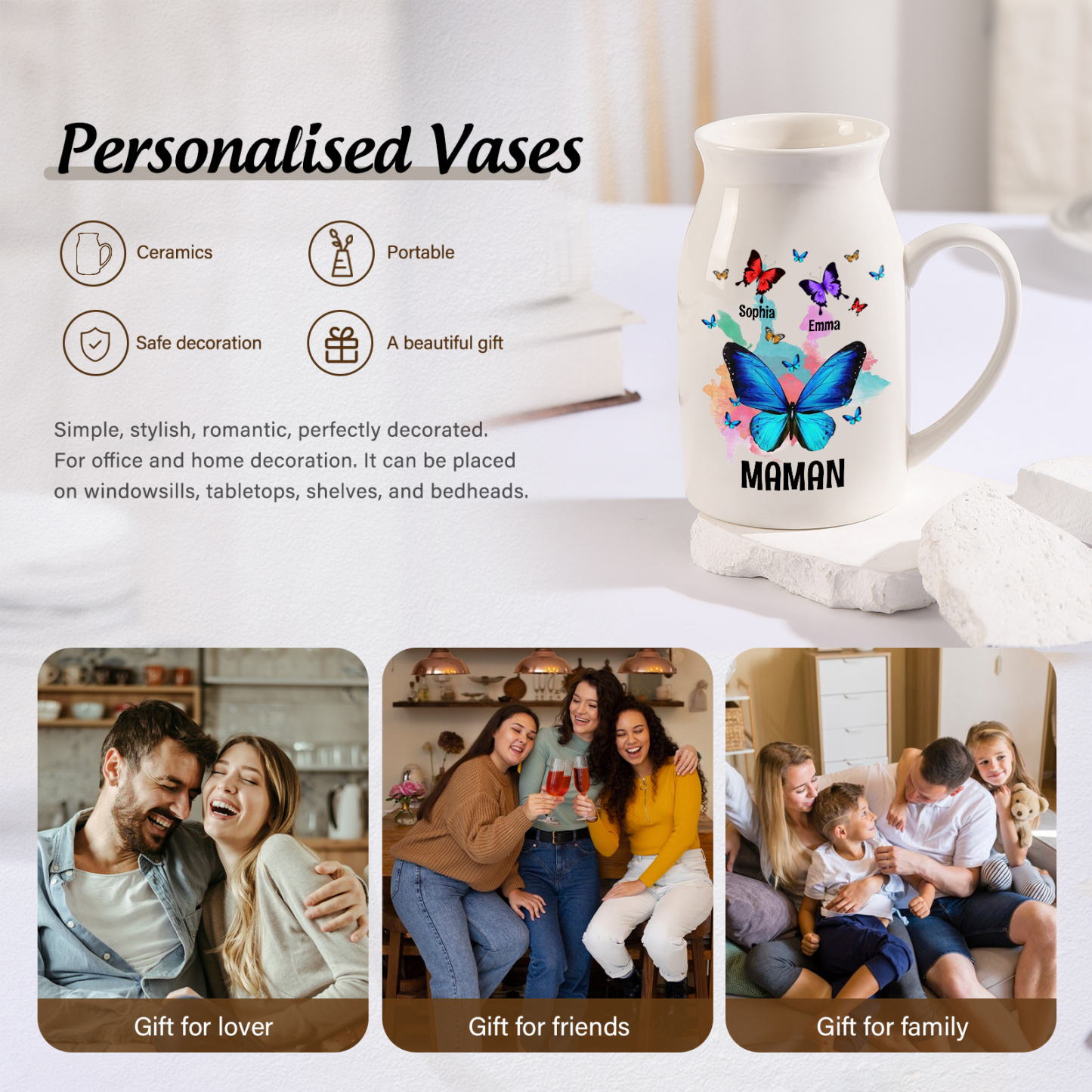 Vase à Fleurs Papillons 2 Prénoms Personnalisés avec Texte Décoration de la Maison