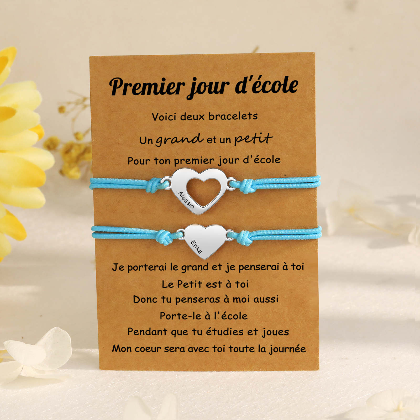 2PCS Bracelet en Commun Cœur 2 Prénoms Personnalisés Corde élastiques - Cadeau Rentrée Scolaire Premier jour d’école｜Jessemade