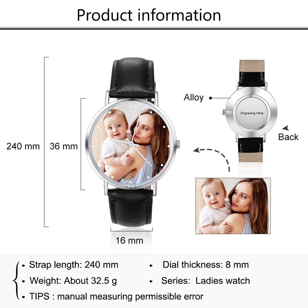 Montre Personnalisée Photo avec Gravure du prénom ou Message Bracelet en Cuir