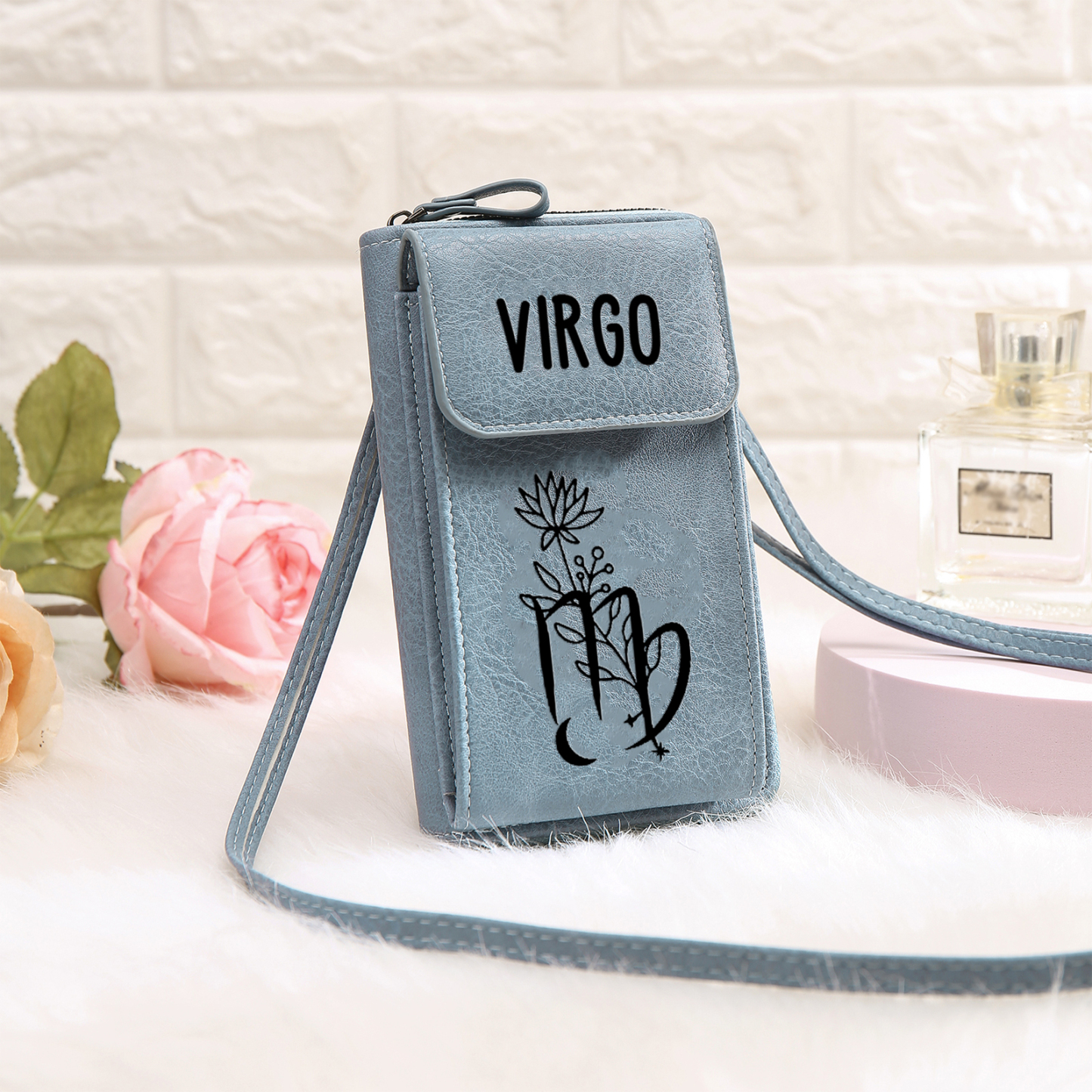 Portefeuille/Sac Bandoulière Femmes 1 Prénom Personnalisés avec Constellations et Fleur de Naissance Porte-Monnaie Carte