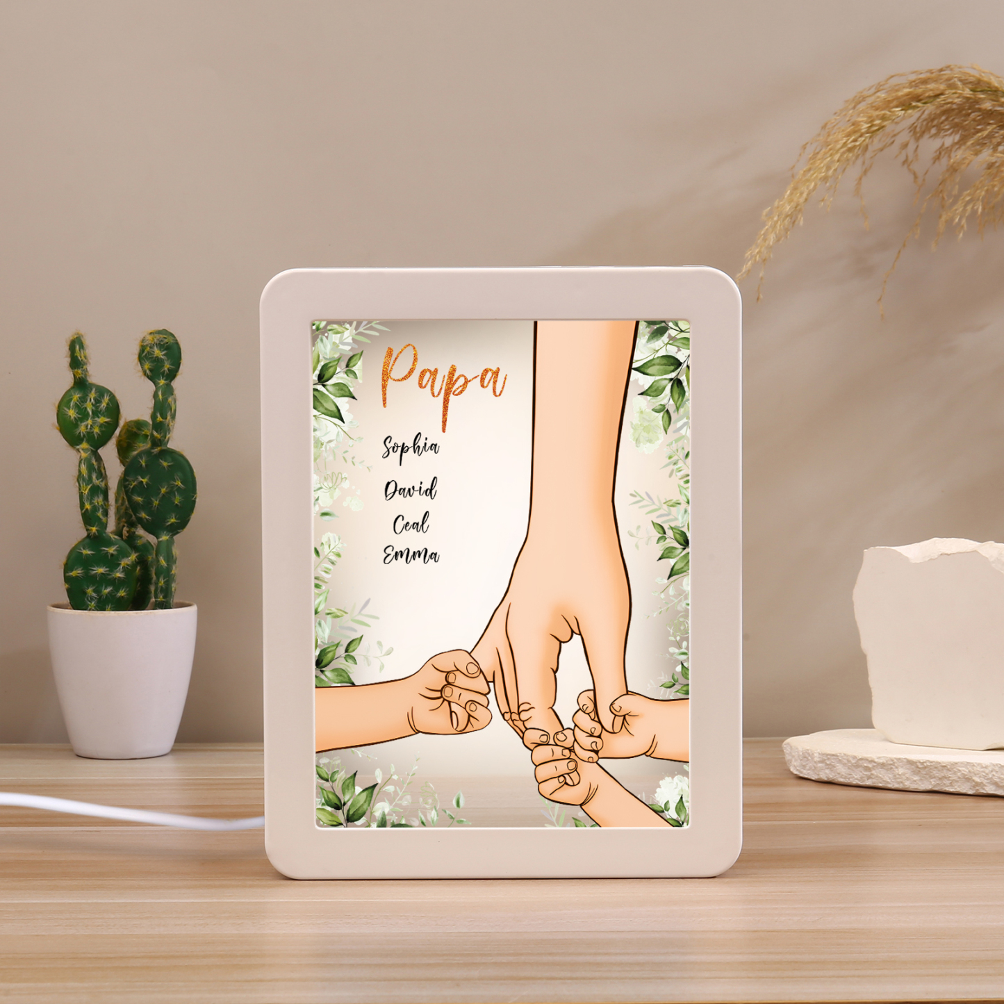 Lampe LED/Cadre Photo/Miroir multifonctionnel la main dans la main 4 Prénoms et 1 Tetxe Personnalisés Cadeau Créatif pour Famille