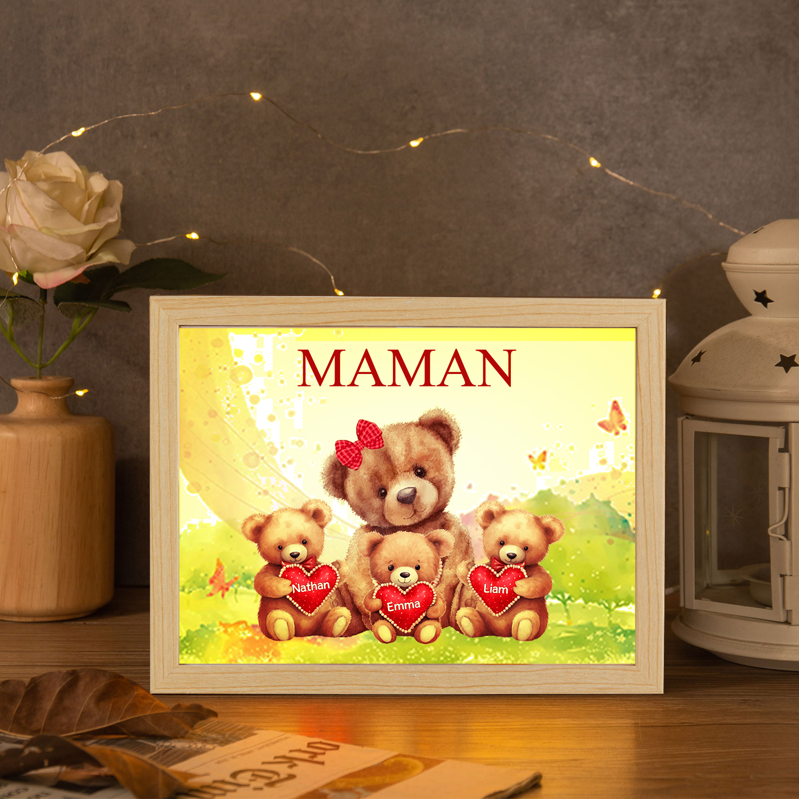 Cadre Photo LED Ours 3 Prénoms Personnalisés avec 1 Texte Décoration Famille