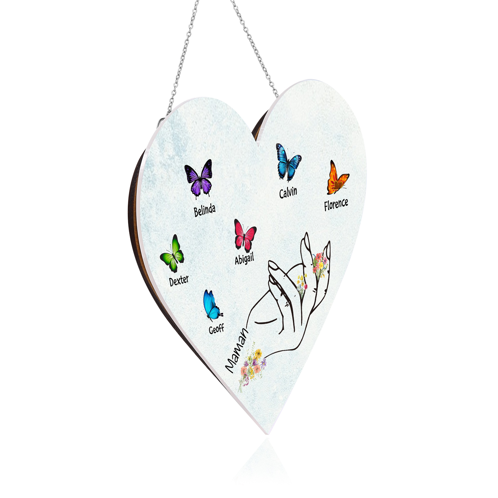 À Maman/Mamie - Veilleuse Cœur Décoration Main et Papillon 6 Prénoms Personnalisés avec 1 Texte