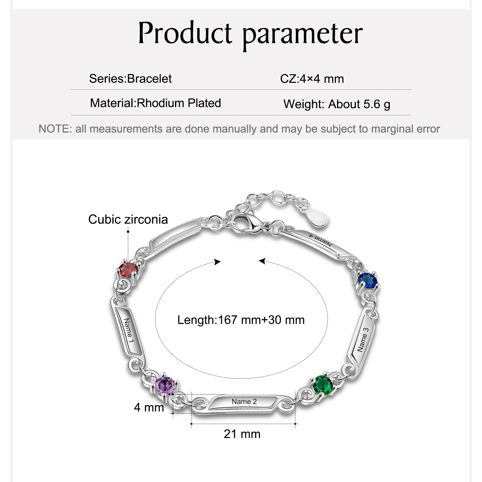 Bracelet 4 Prénoms Personnalisés avec 4 Pierres de Naissance
