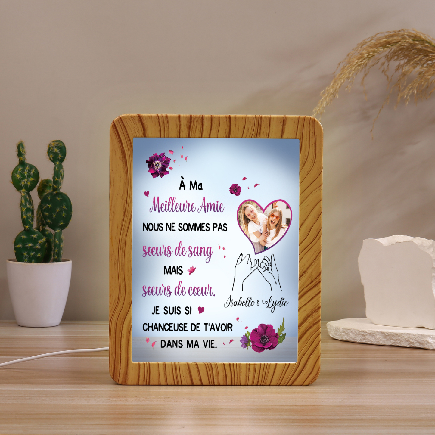 À ma Meilleure Amie - Cadre Photo/Miroir LED multifonctionnel 2 Prénoms Personnalisés avec 1 Photo