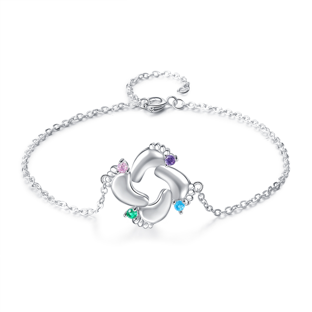Bracelet 4 Prénom Personnalisé pied bebe avec 4 pierre de naissance