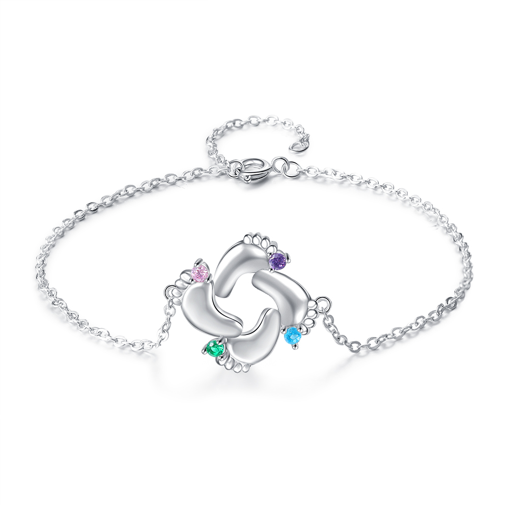 Bracelet 4 Prénom Personnalisé pied bebe avec 4 pierre de naissance
