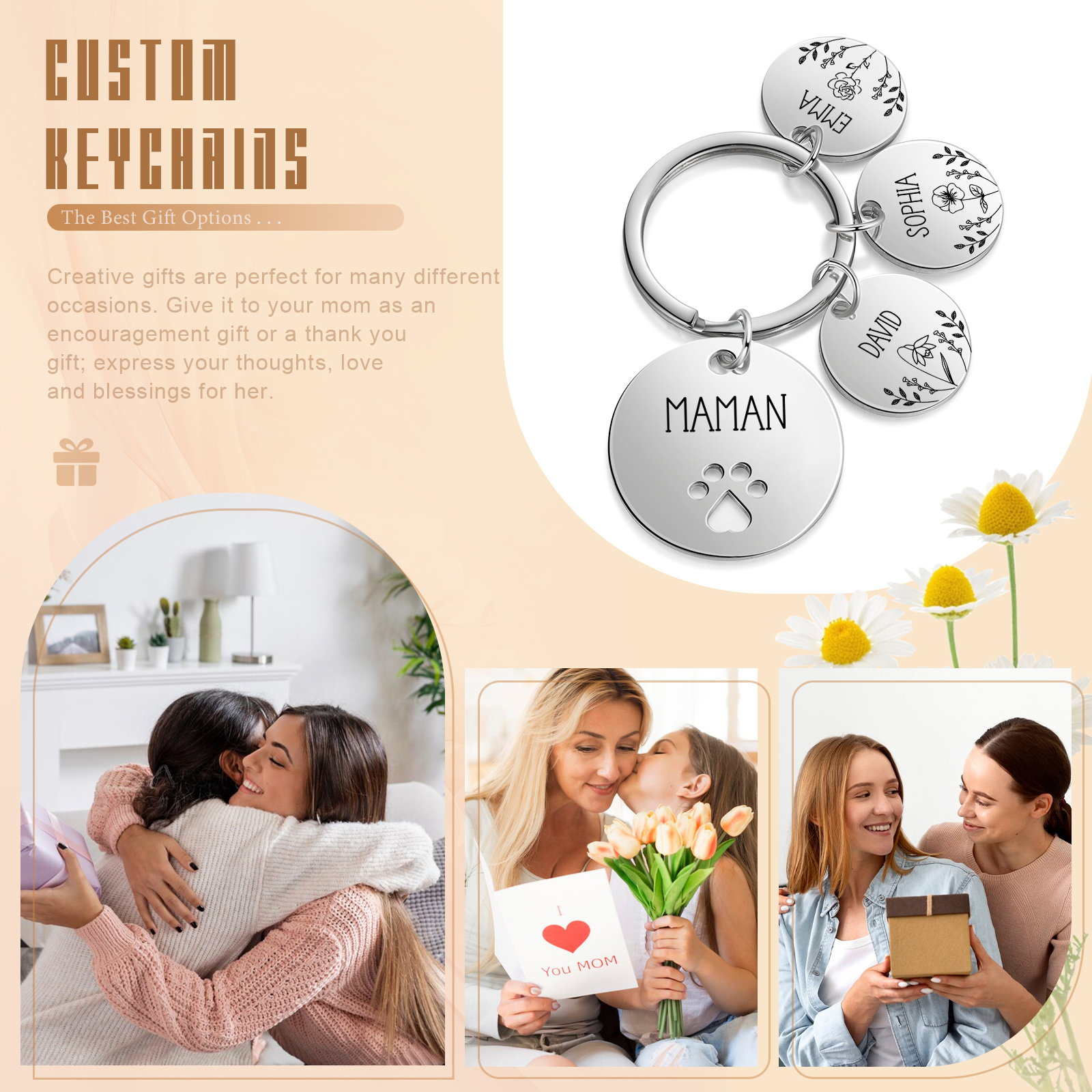 Porte-Clés patte 3 Prénoms et 1 Texte Personnalisés avec Fleur de Naissance