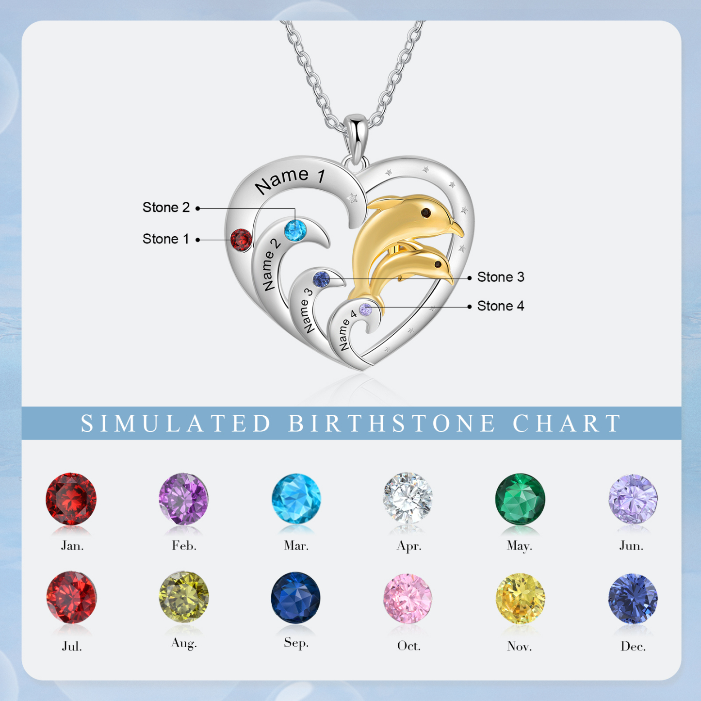 Collier Pendentif Cœur et Dauphin 4 Prénoms Personnalisés avec 4 Pierres de Naissance