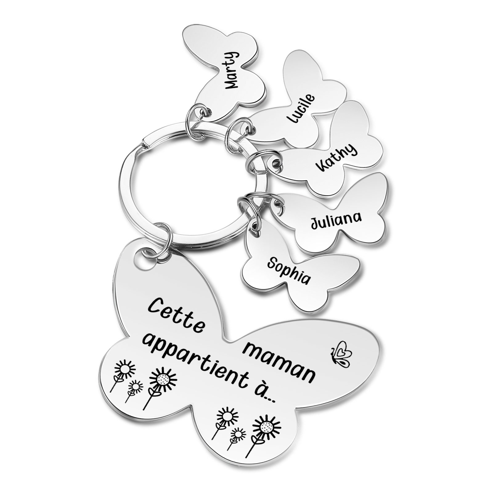 À Maman/Mamie - Porte-Clés Papillon 5 Prénoms Personnalisés avec Texte 