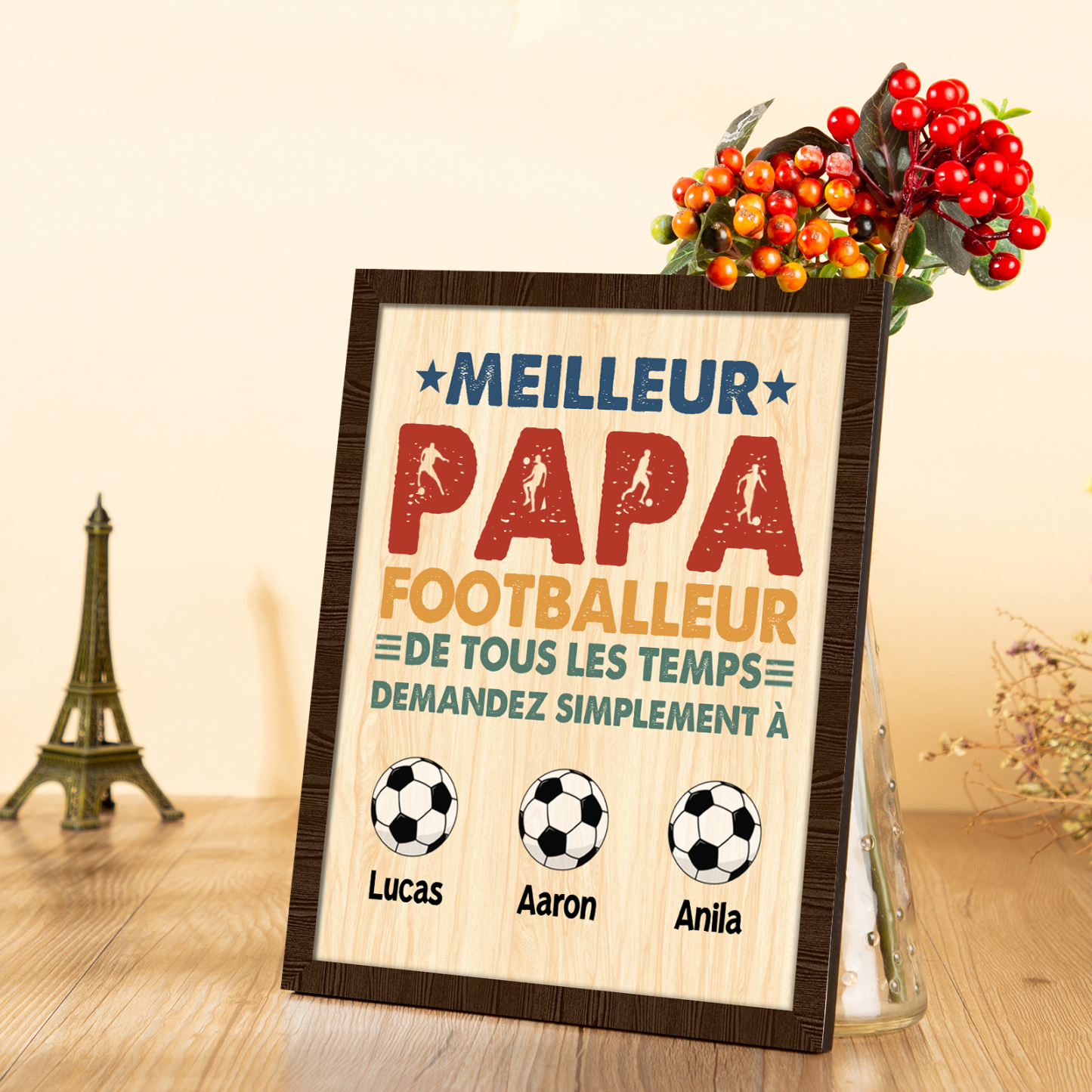 À Mon Papa-Cadre en Bois Football 3 Prénoms Personnalisés