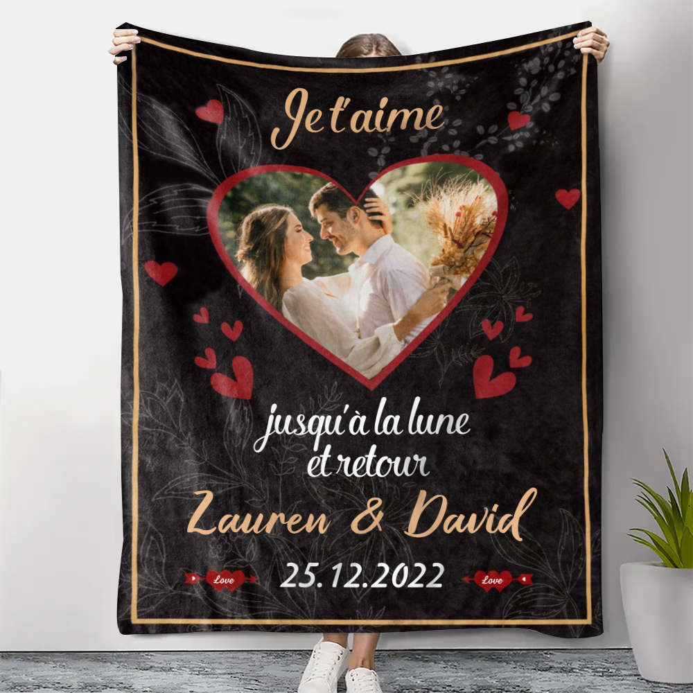 Couverture Plaids Polaire Cœur 2 Prénoms Personnalisés avec Photo et D