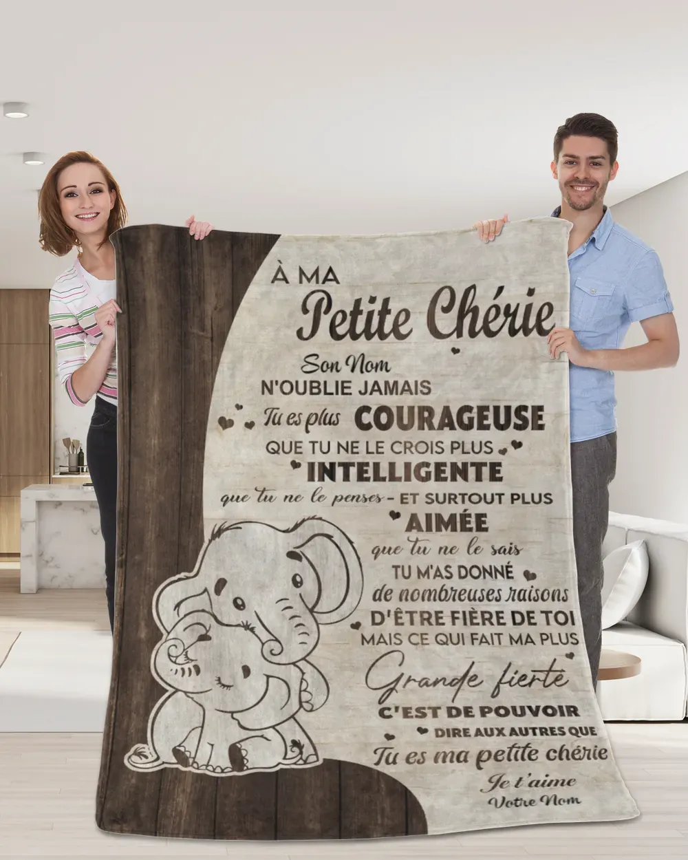 À ma Fille/Petite Chérie - Plaid Personnalisé avec 2 Prénoms Couverture à motif d'éléphant en Flanelle | Jessemade
