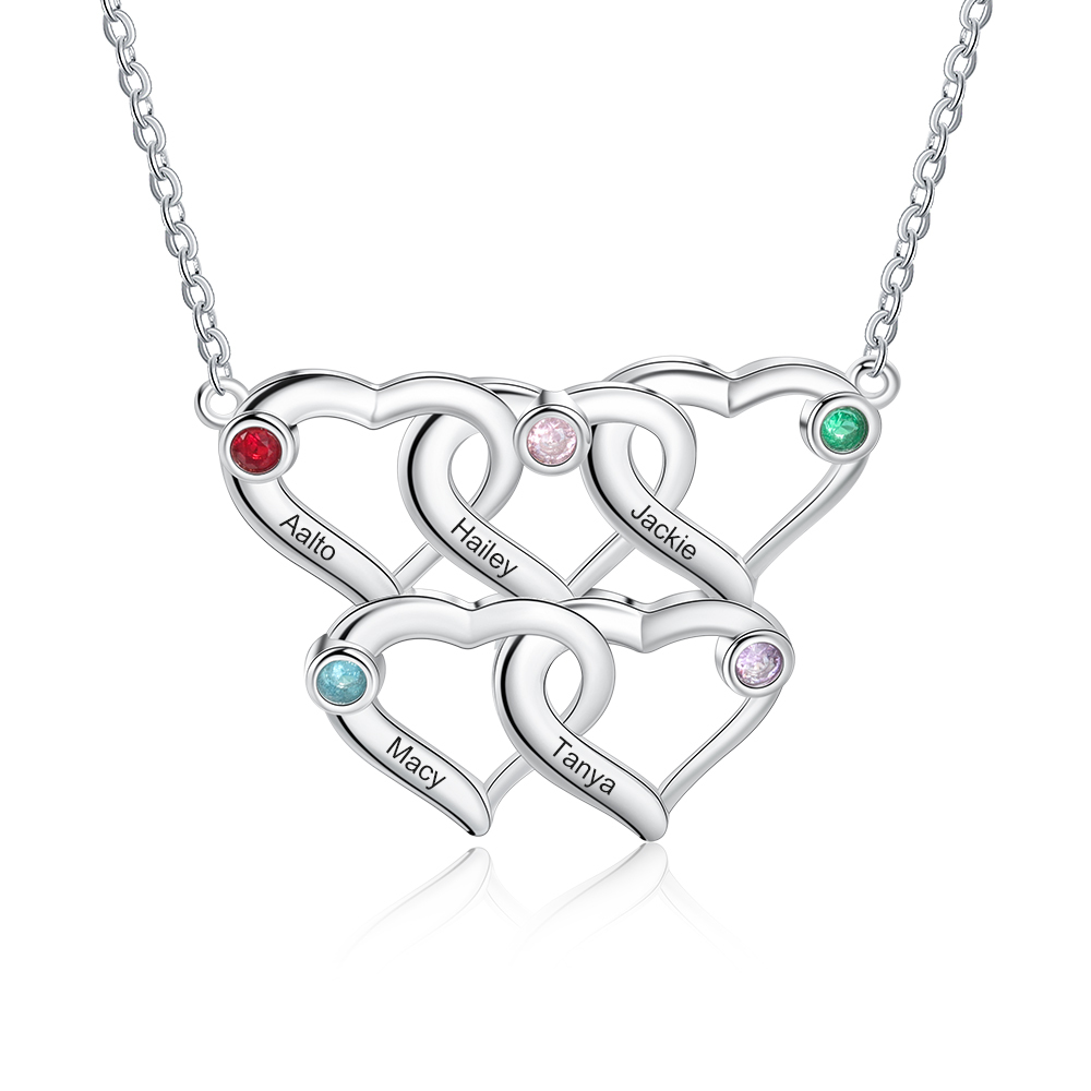 Collier Coeur 5 Prénoms Personnalisés Pendentif avec 5 Pierre de Naiss