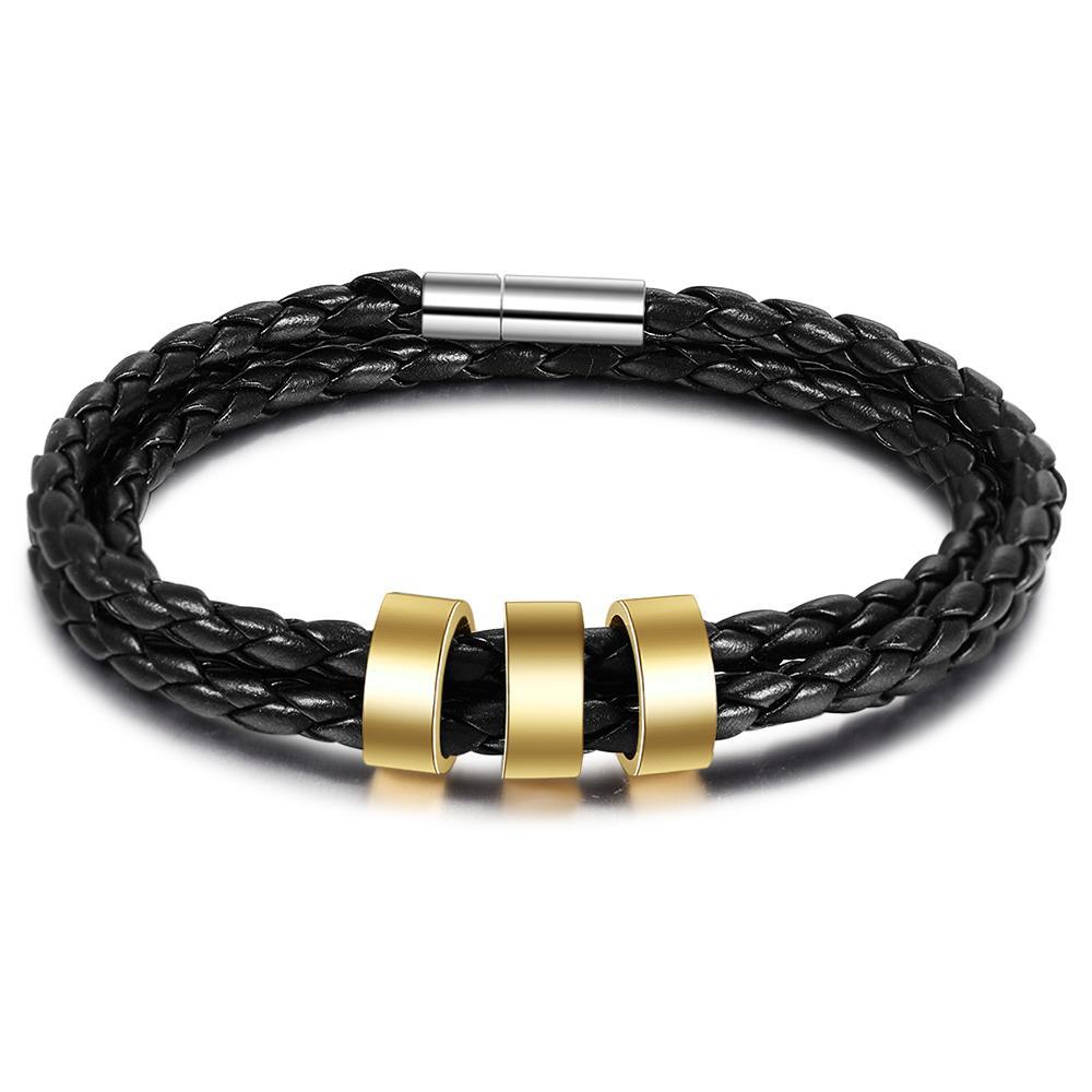 Bracelet Cuir tressé Prénom Personnalisé Cadeau papa Avec 3 Perles