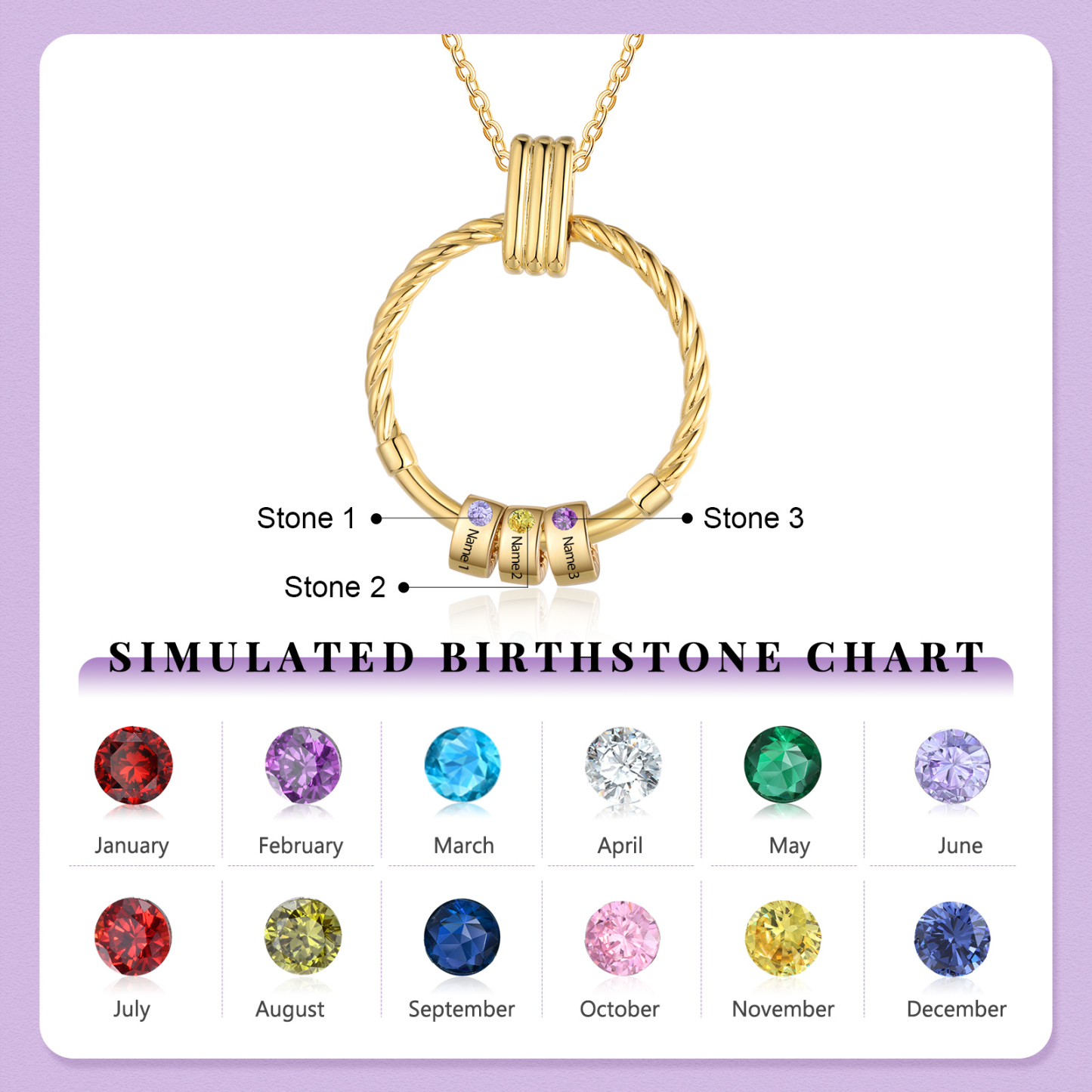 Collier Pendentif 3 Prénoms et Perles Personnalisés avec Pierres de Naissance Collier Femmes