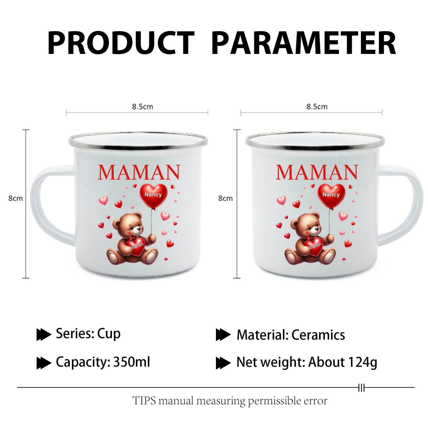 À Maman/Mamie - Tasse émaillée Ours 2 Prénoms Personnalisés