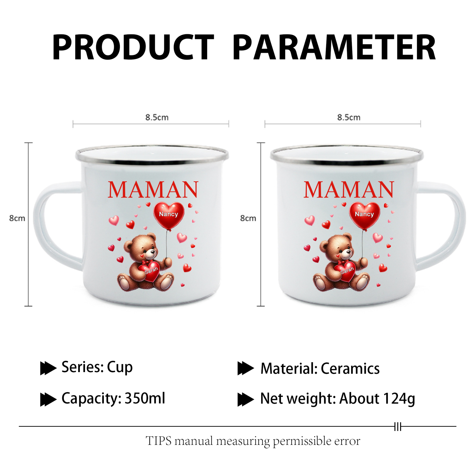 À Maman/Mamie - Tasse émaillée Ours 2 Prénoms Personnalisés