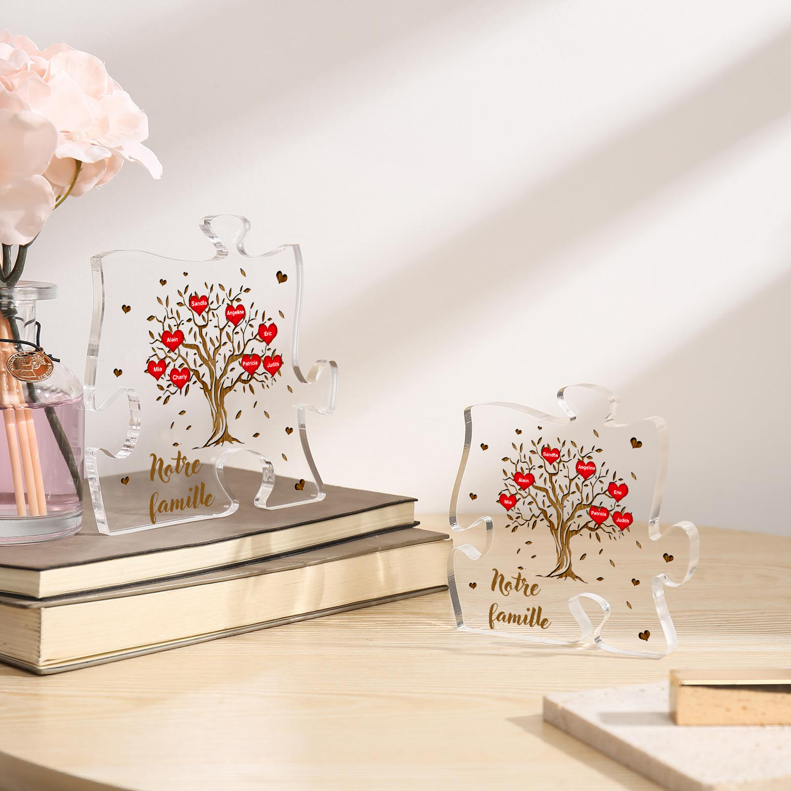 Plaque Acrylique en forme de Puzzle Arbre de Vie 7 Prénoms et Texte Personnalisés