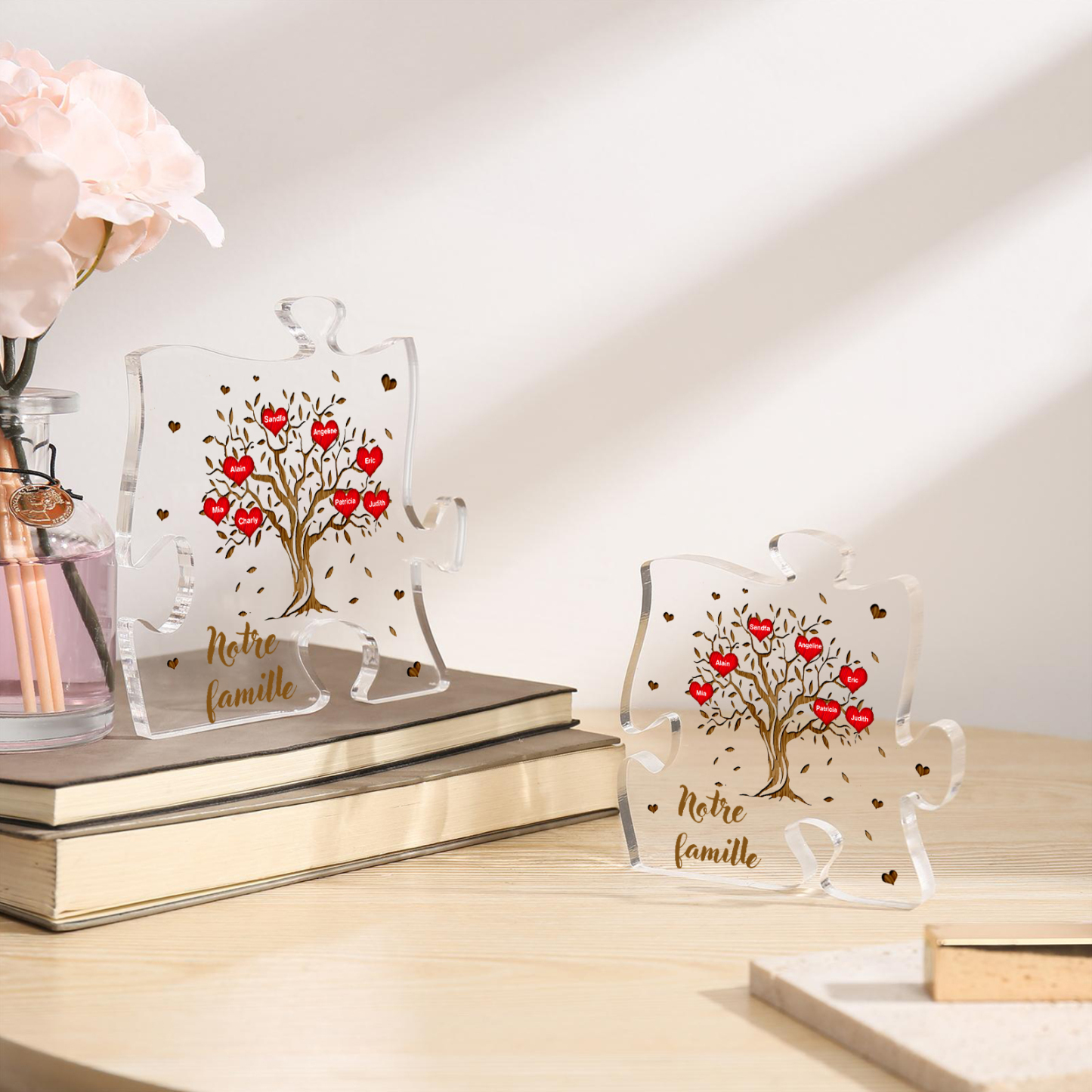 Plaque Acrylique en forme de Puzzle Arbre de Vie 7 Prénoms et Texte Personnalisés